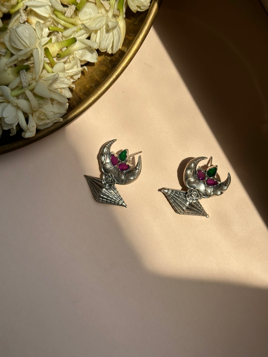 Silver Oxidised Earrings with Floral Accents