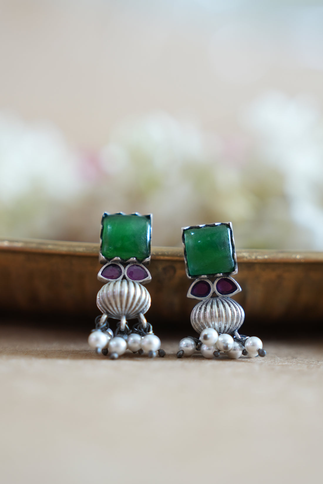 Green Stone Oxidised Silver Earrings with Pearl Drops