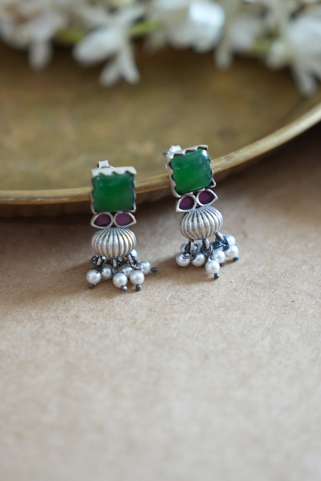 Green Stone Oxidised Silver Earrings with Pearl Drops