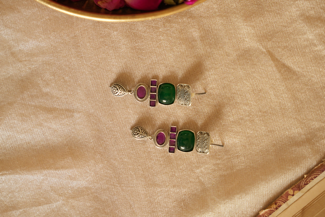 Geometric Gemstone Oxidised Silver Earring