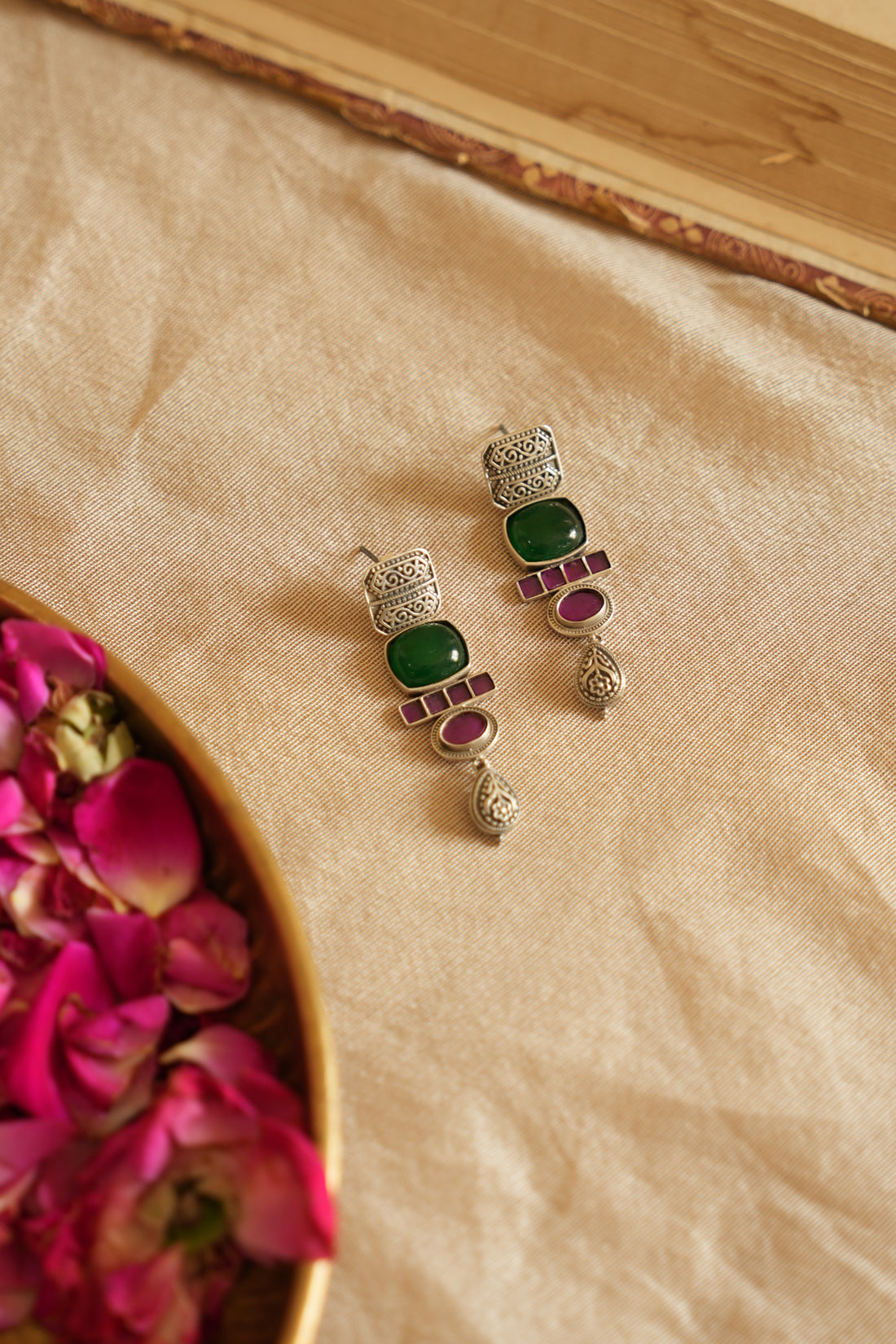 Geometric Gemstone Oxidised Silver Earring