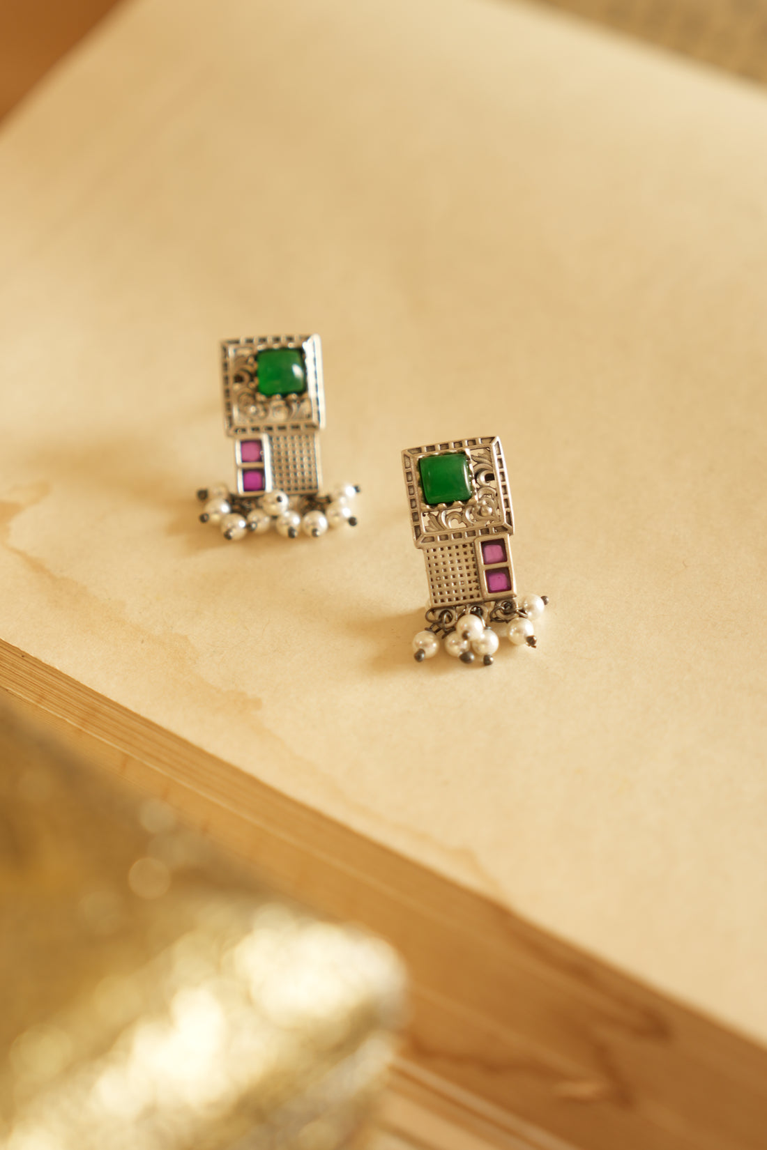 Geometric Charm Oxidised Silver Earrings