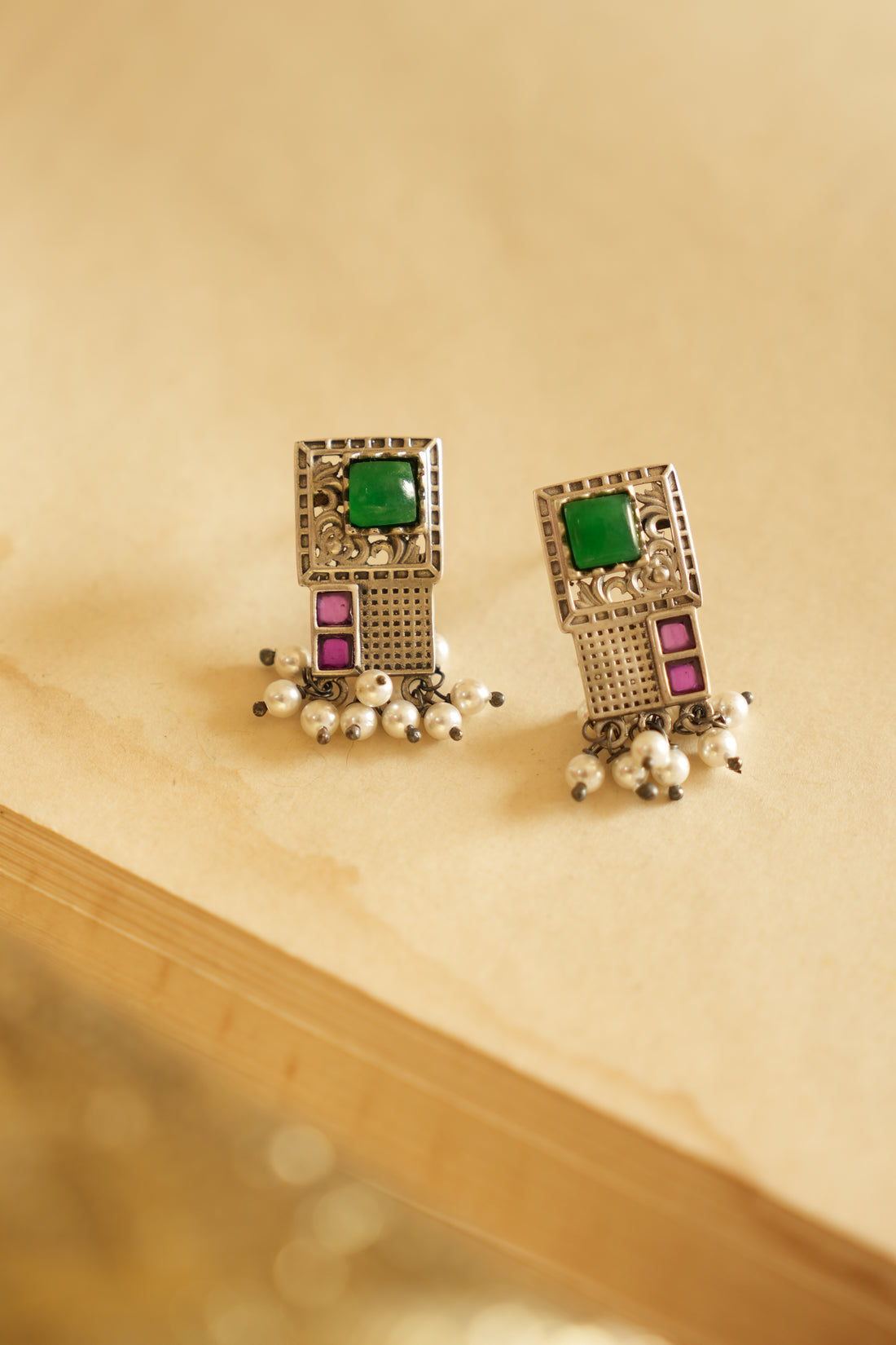 Geometric Charm Oxidised Silver Earrings