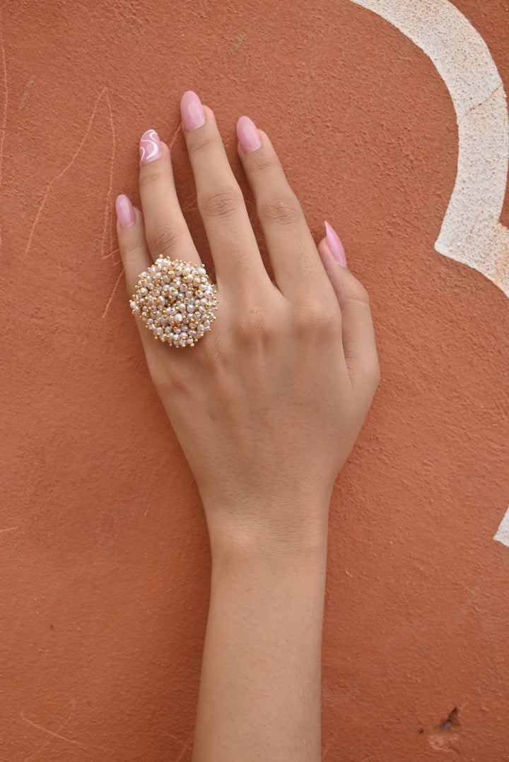 Silver Pearl Polki Ring