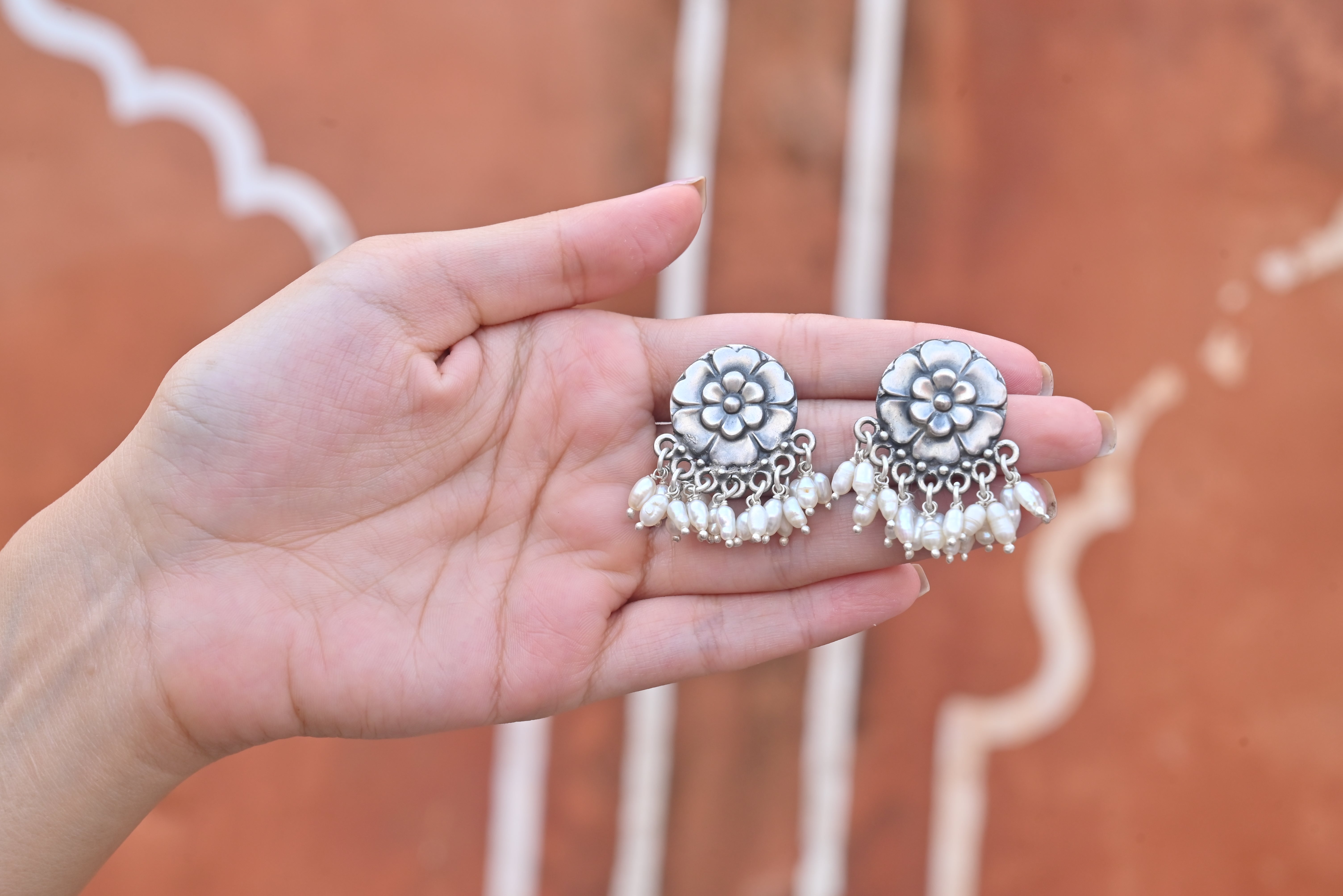 Silver Pearl Flower Earring