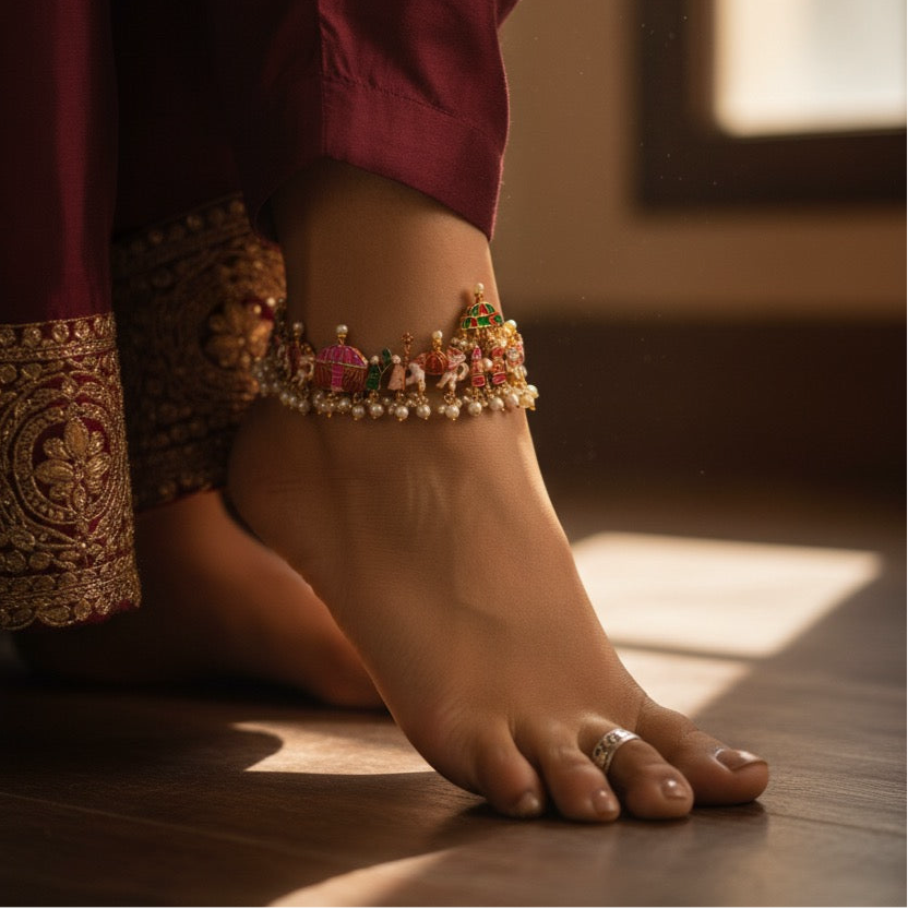 Barat Meenakari Silver Anklet