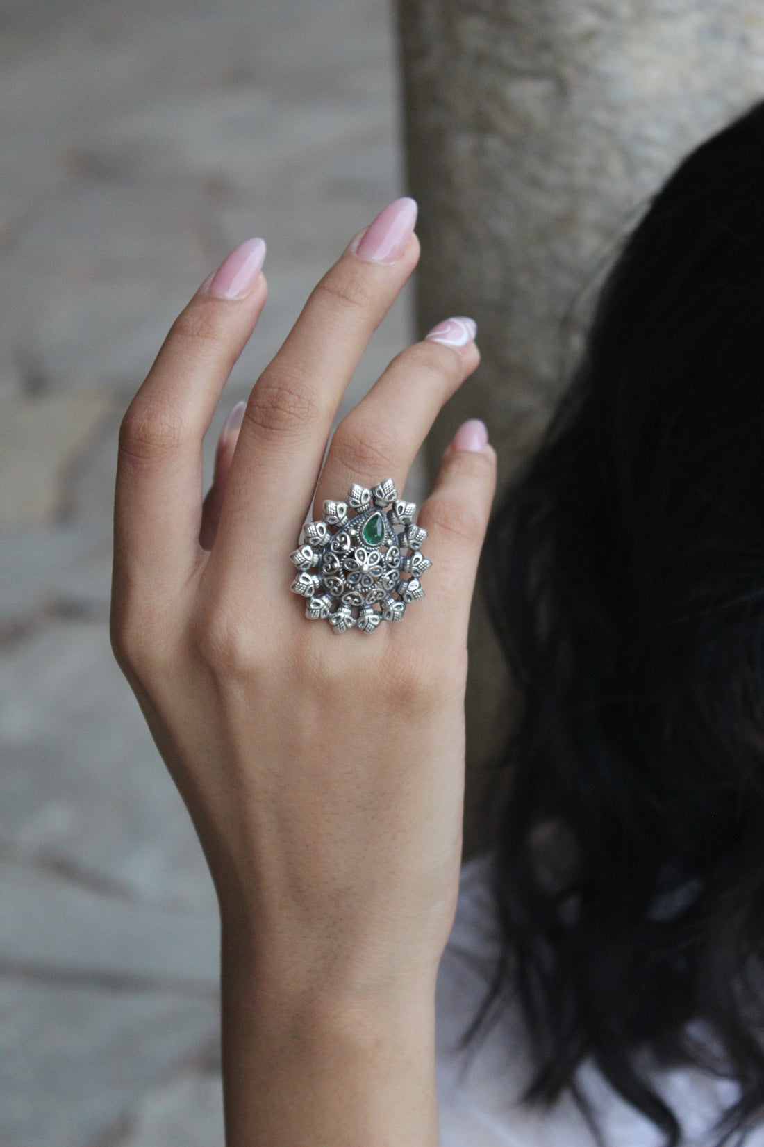 silver Emerald Devi ring