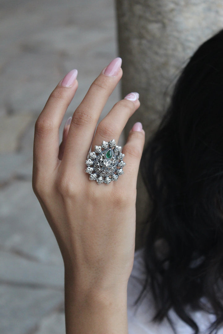 silver Emerald Devi ring