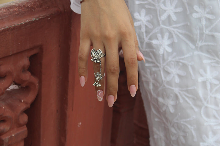 silver twin ring with moon and ghungroo