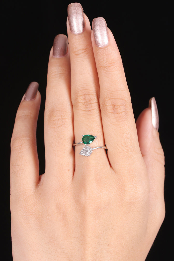 CZ Green heart shape stone silver ring