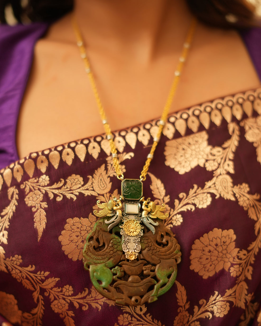 Statement Long Silver Pendant with Carved Stone Centerpiece – Bold Elegance