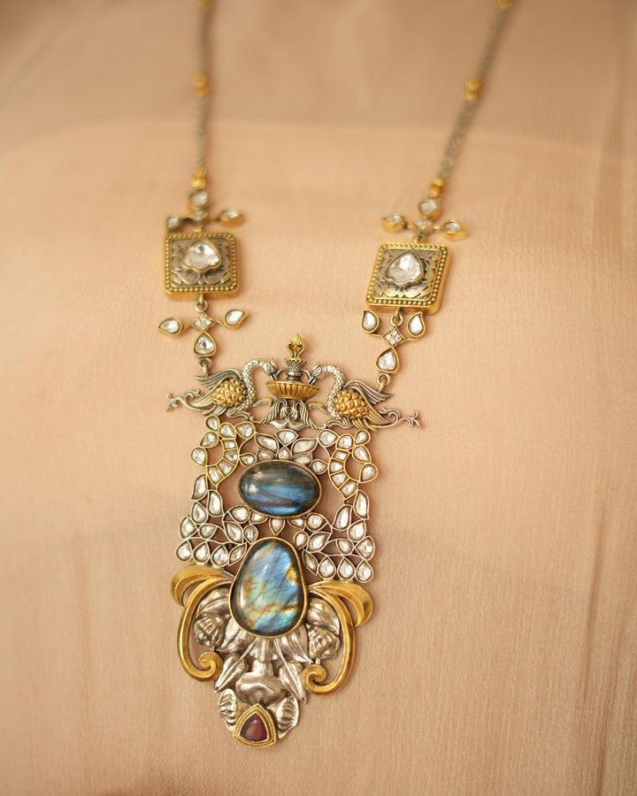 Royal Polki Silver Pendant with Peacock Motifs & Artistic Stone Detailing