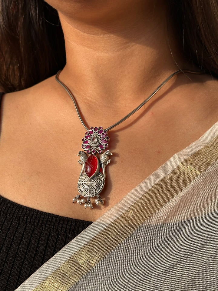 Elegant Silver Oxidised Pendant with Pearl Droplets & Chain