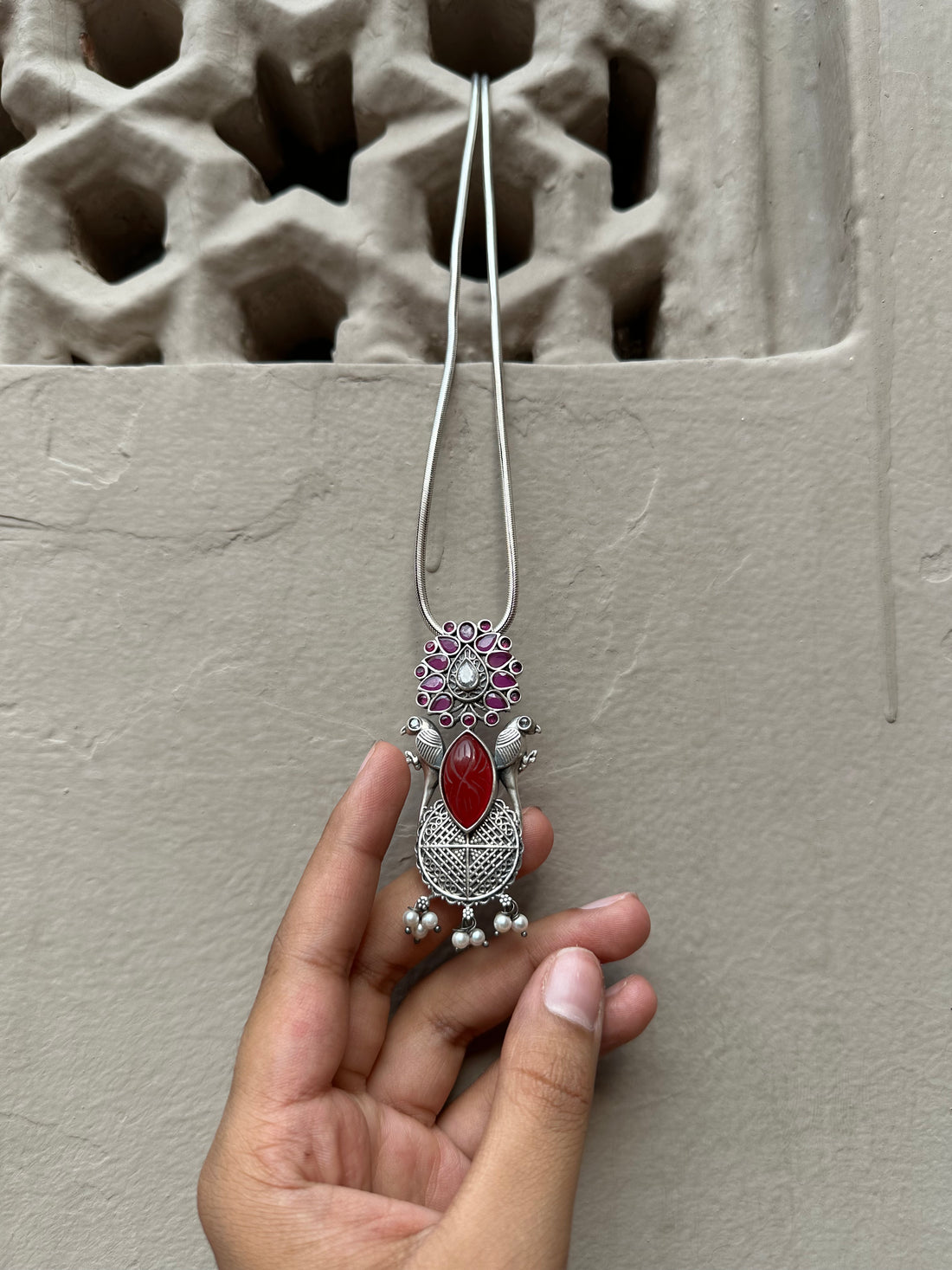 Elegant Silver Oxidised Pendant with Pearl Droplets & Chain