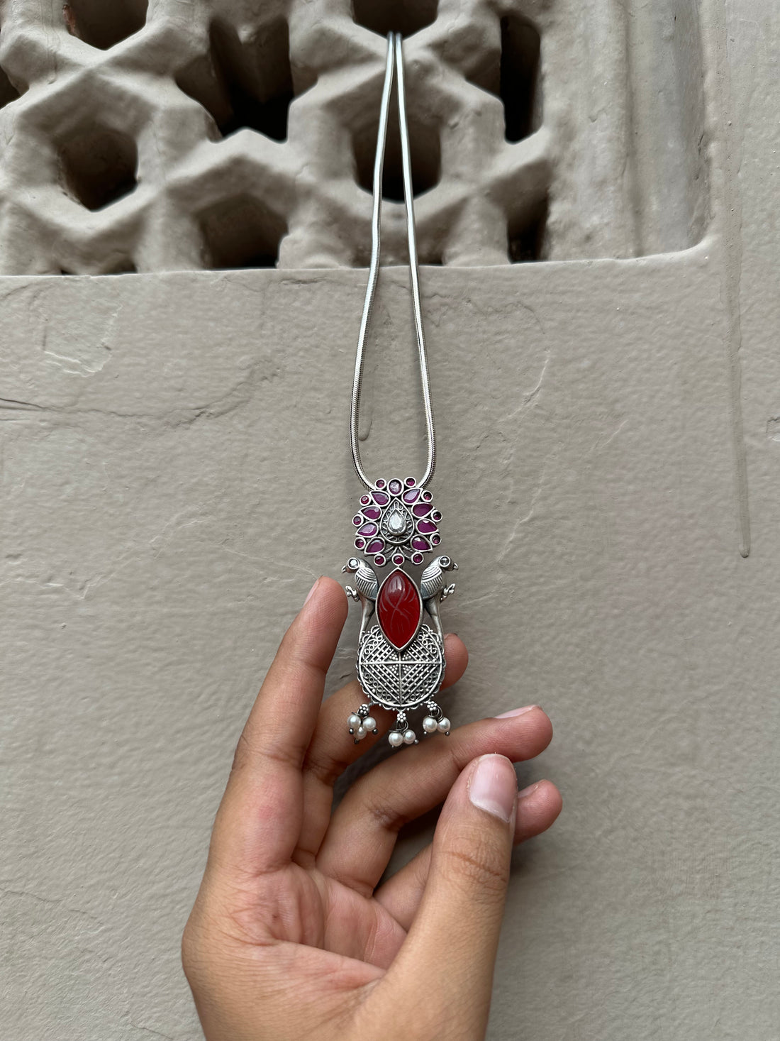 Elegant Silver Oxidised Pendant with Pearl Droplets & Chain