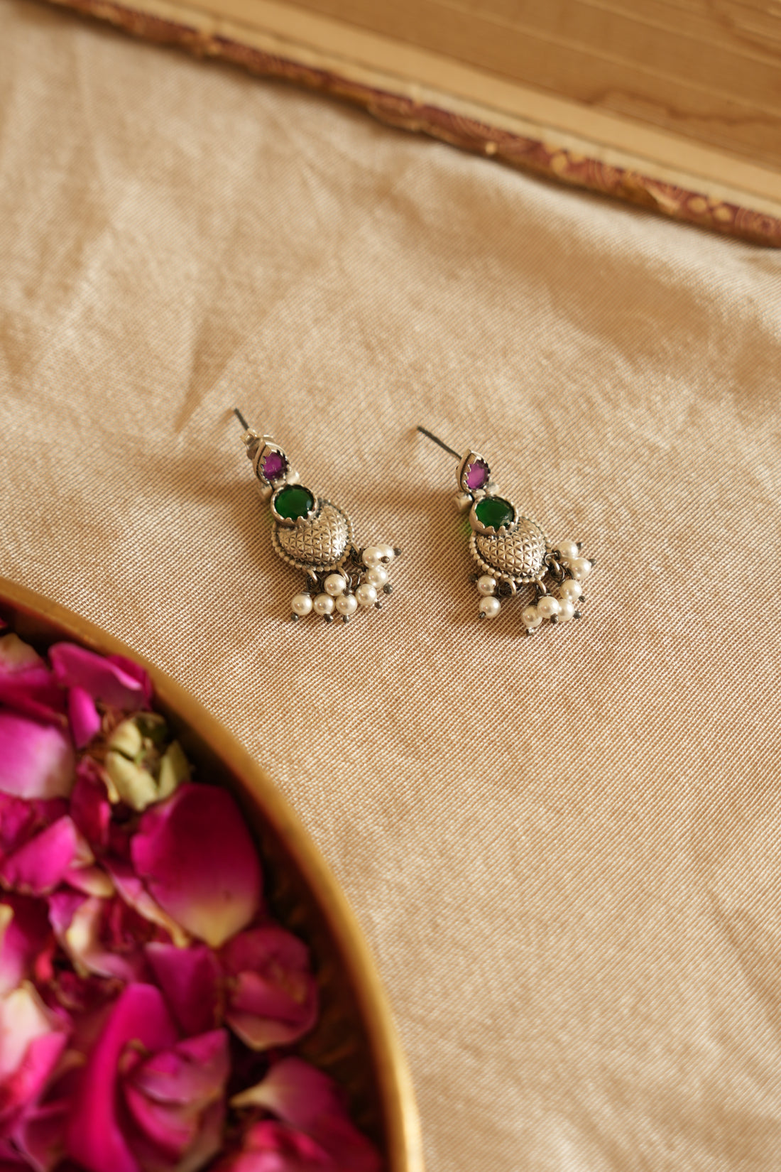 Elegant Temple-Inspired Oxidised Silver Earrings