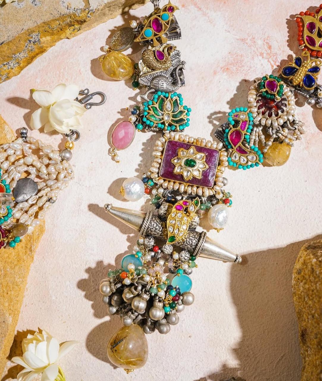 Fusion Silver Jewellery Bohemian Tribal Set with Multicolour Gemstones