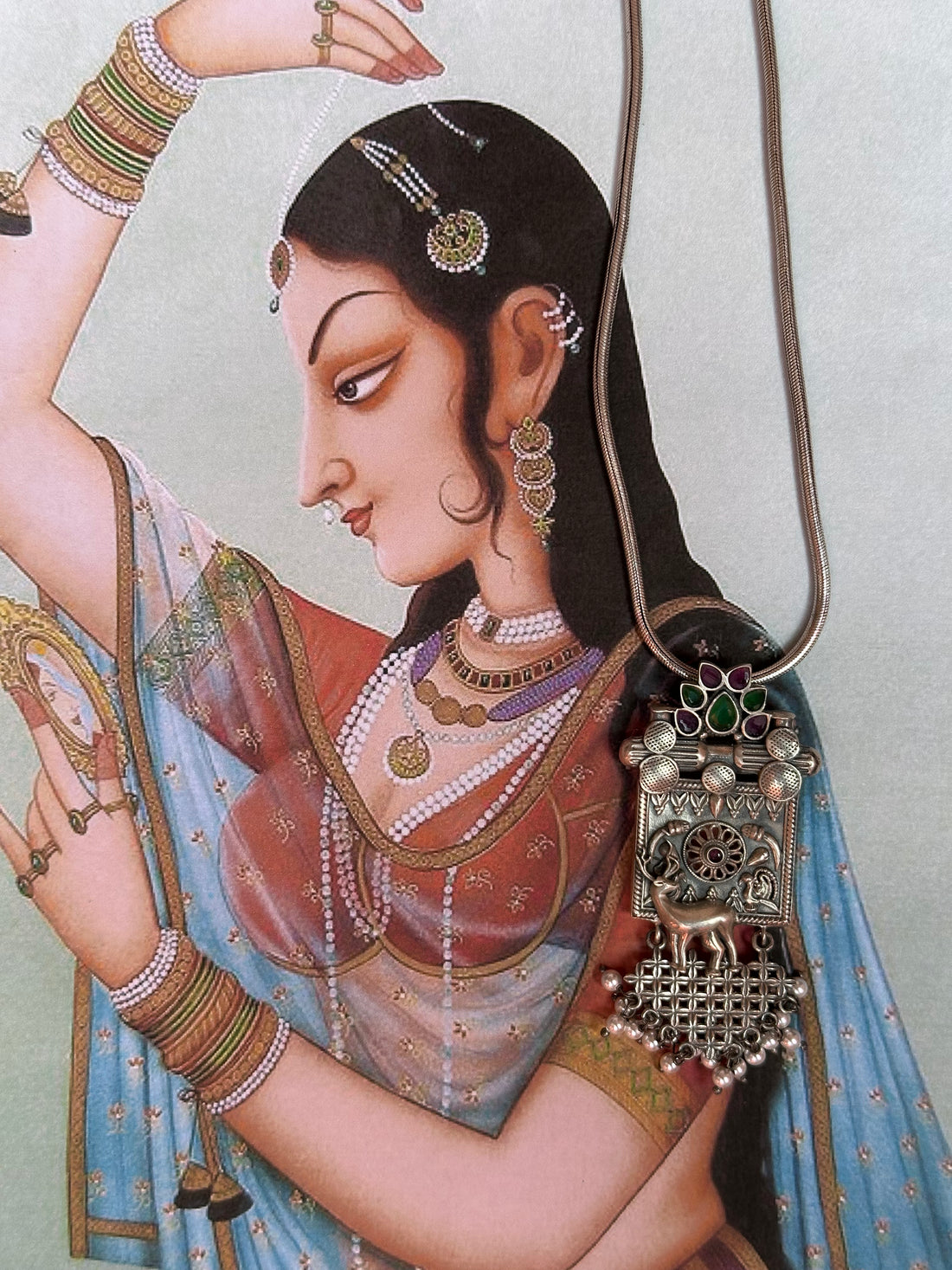 Statement Silver Oxidised Pendant with Elephant and Pearl Detailing