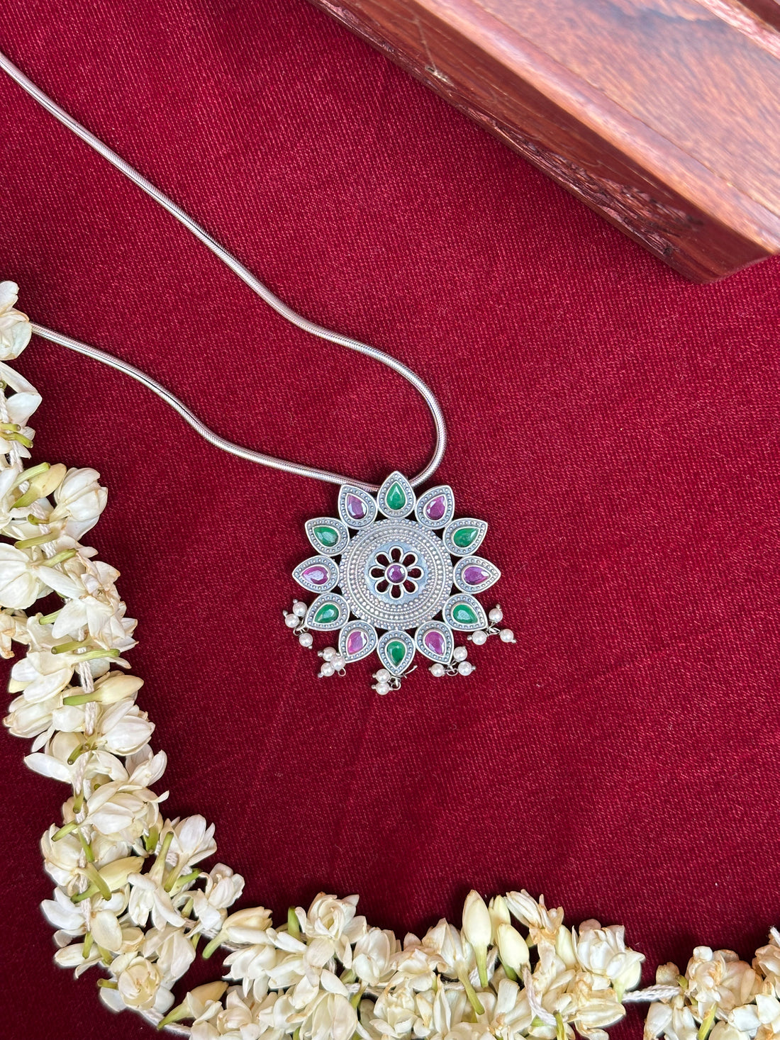 Floral-Inspired Silver Oxidised Pendant with Chain