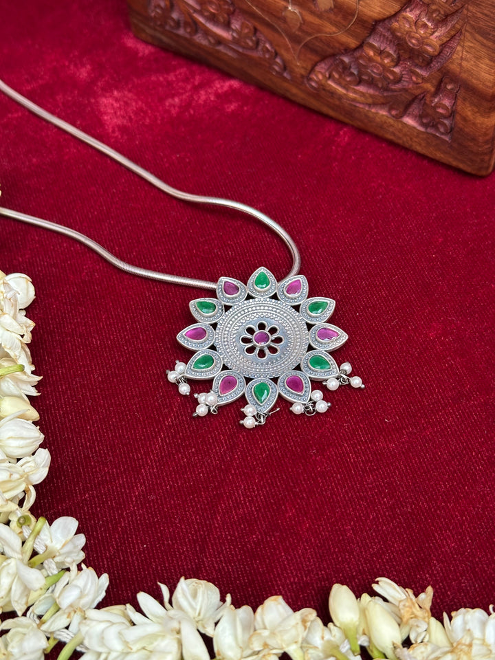 Floral-Inspired Silver Oxidised Pendant with Chain