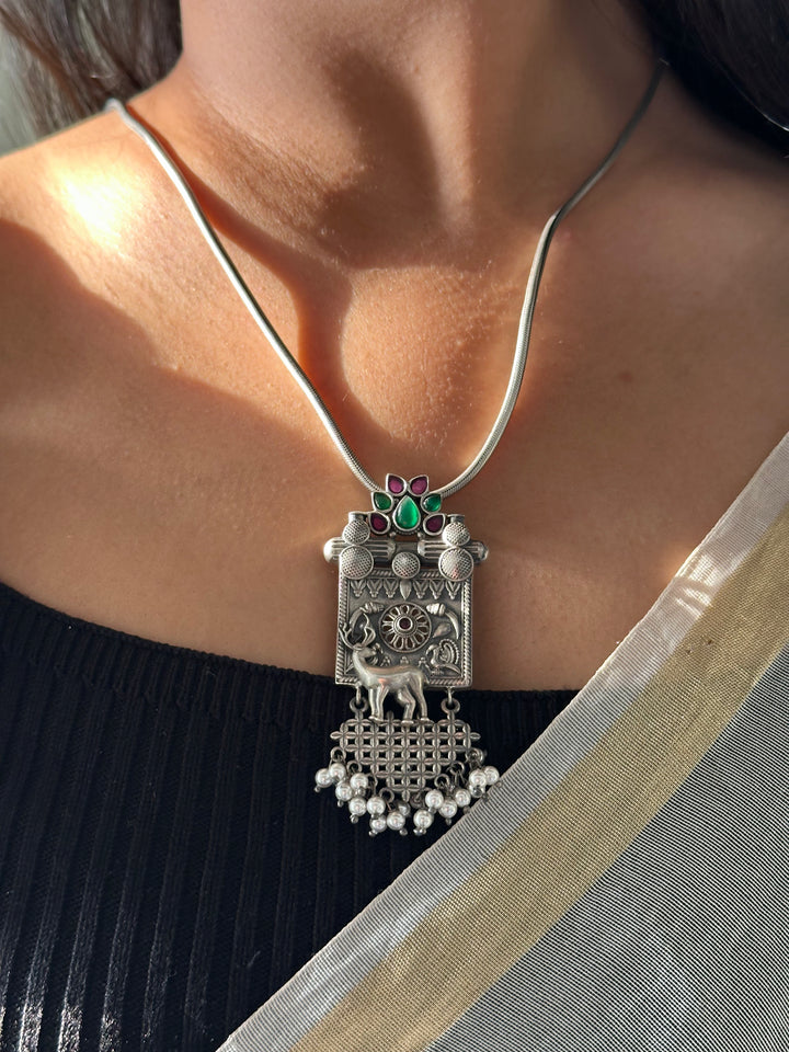 Statement Silver Oxidised Pendant with Elephant and Pearl Detailing