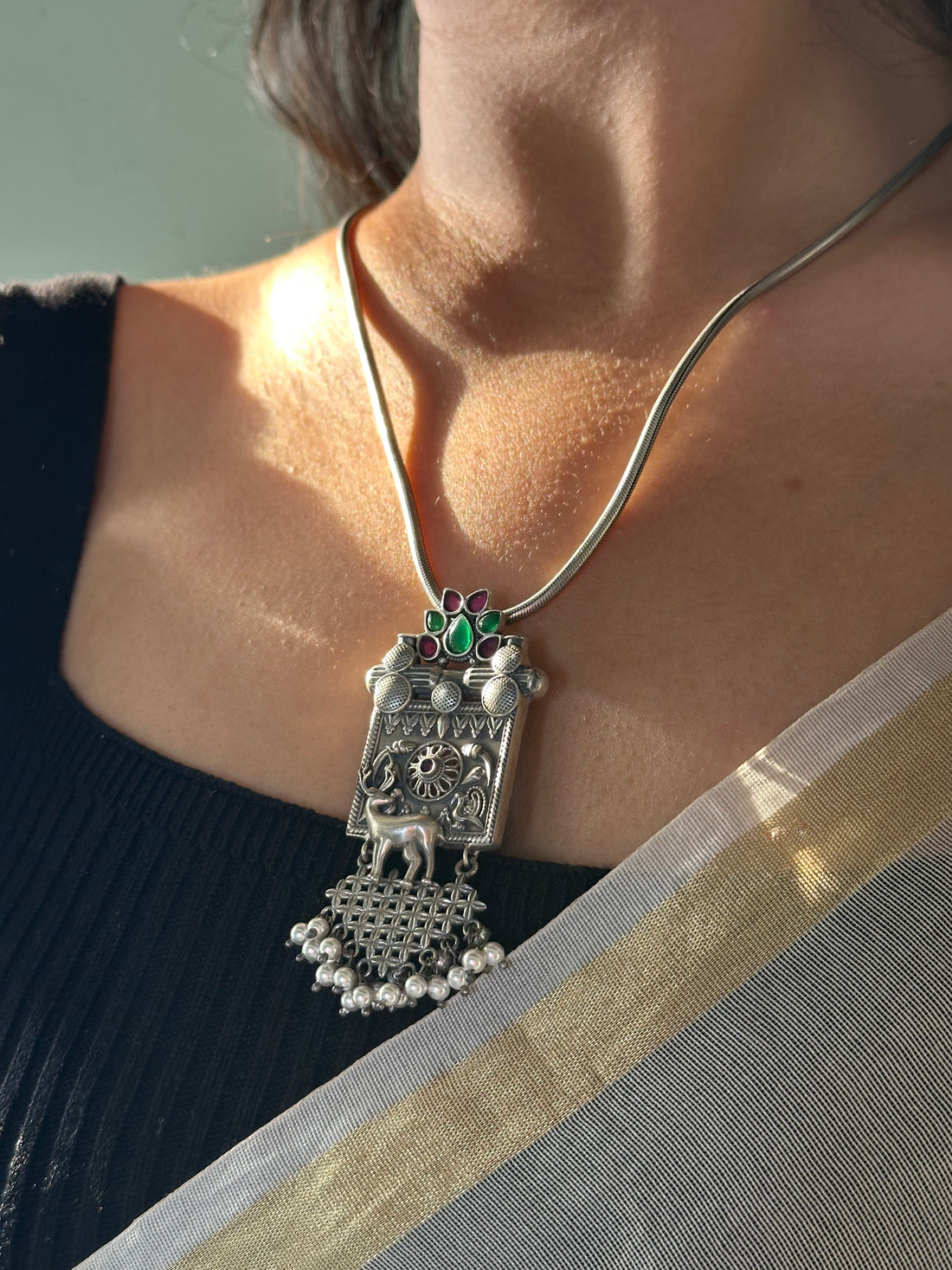 Statement Silver Oxidised Pendant with Elephant and Pearl Detailing