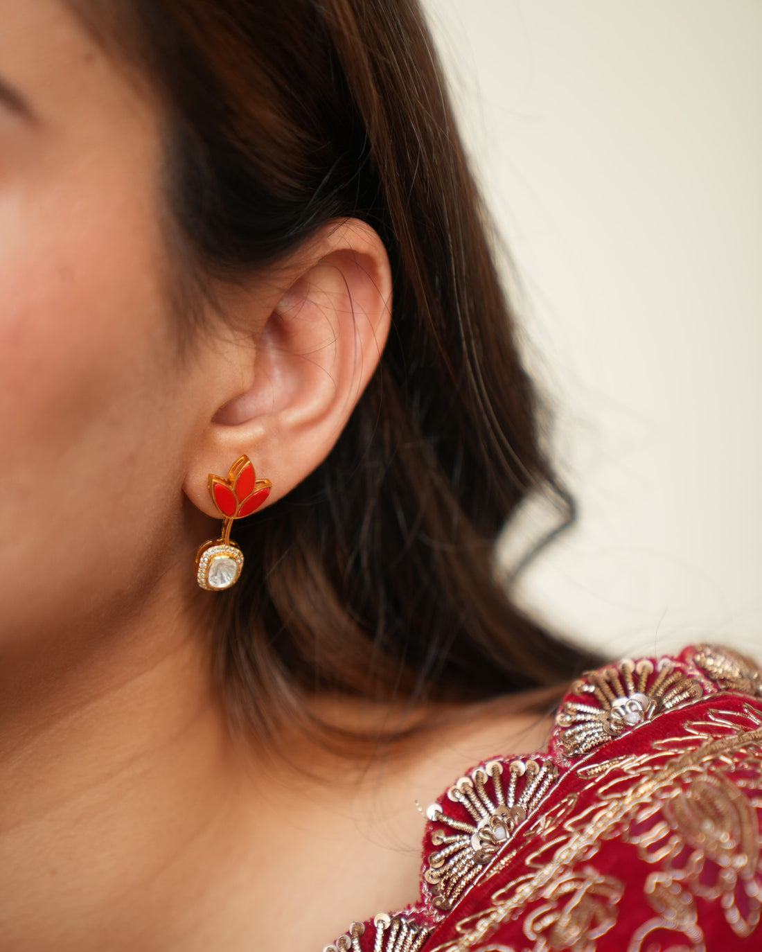 Leaf Motif Polki Earrings with Red Stones