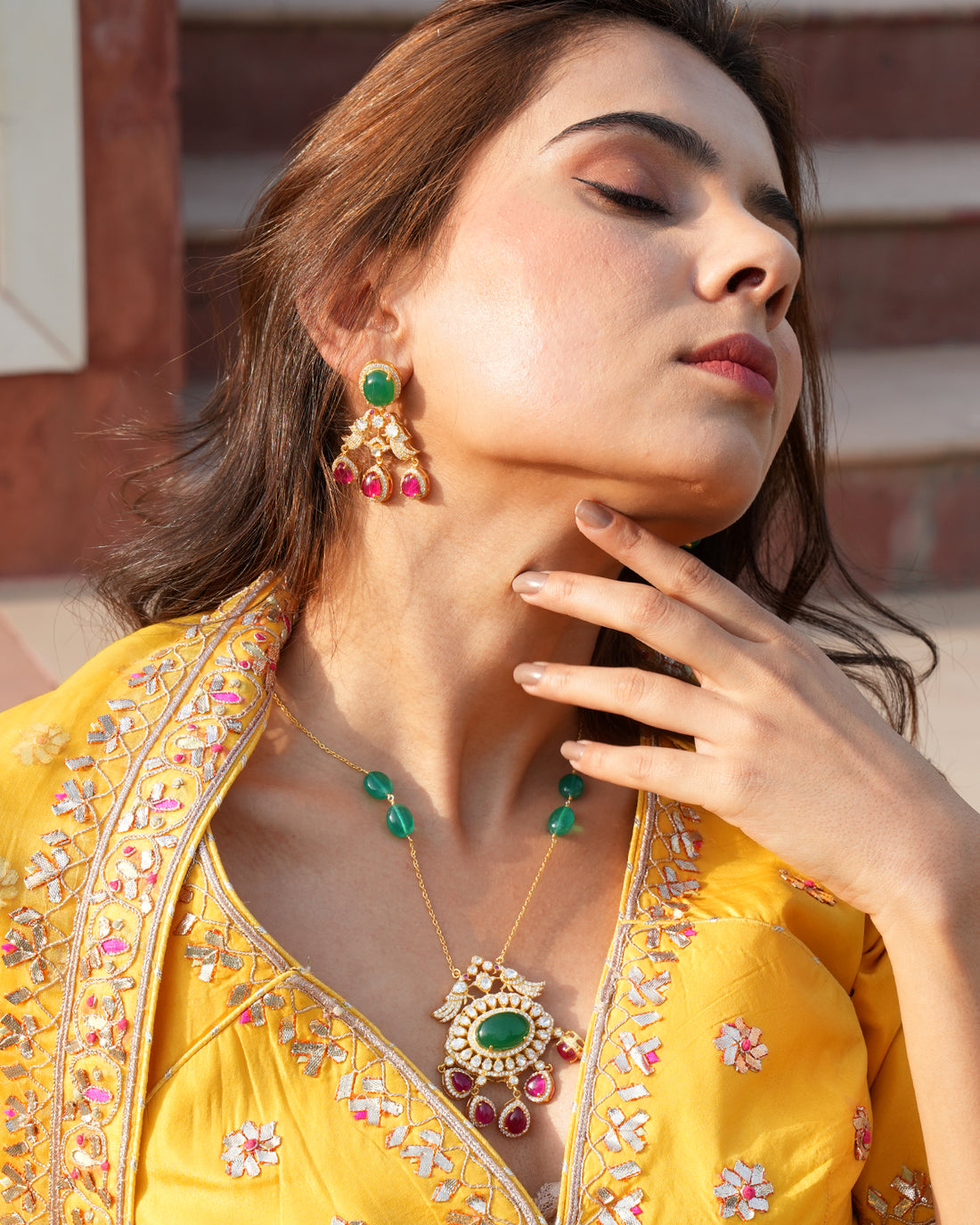 Emerald Moissanite Polki Long Pendant Necklace