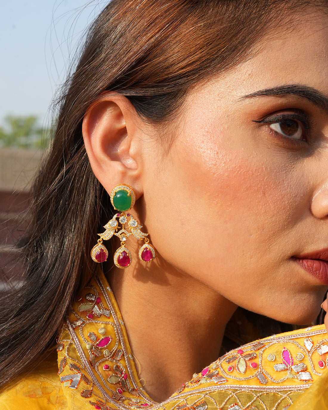 emerald polki silver pendant