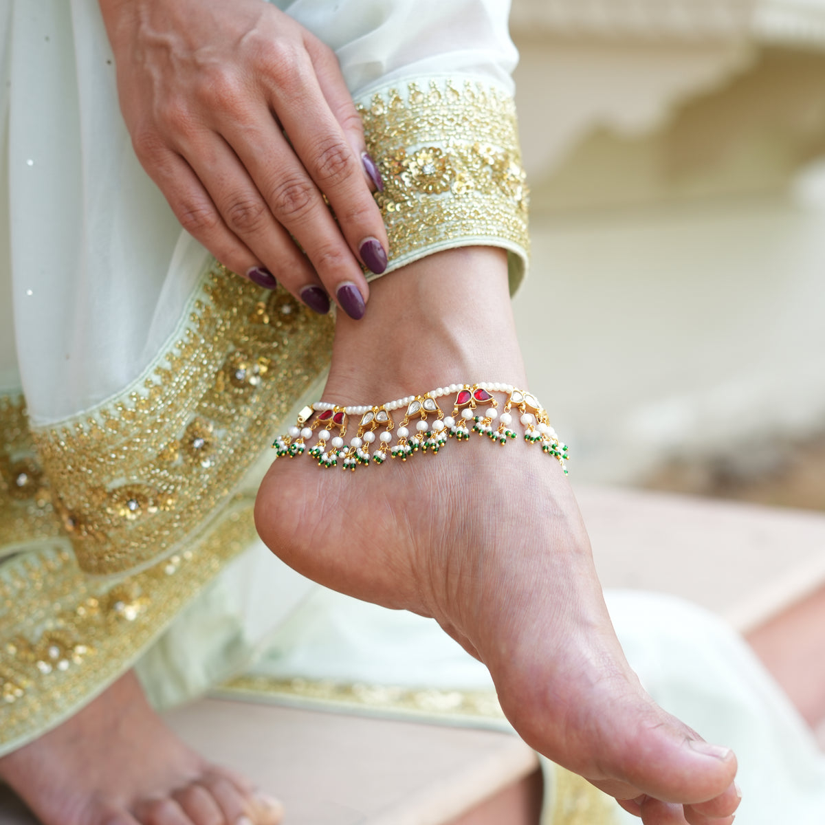 925 Silver Polki Anklet with Pearl Drops Elegant Traditional