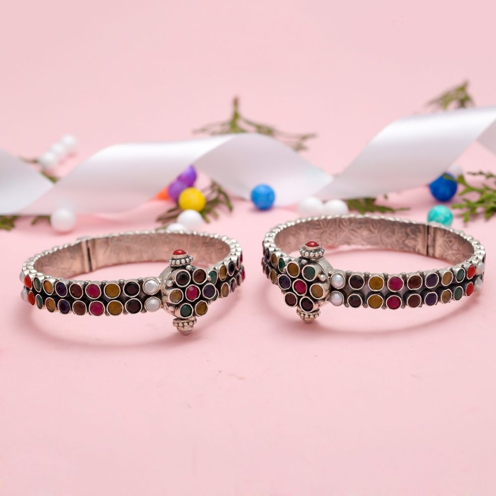 Graceful Sterling Silver Bangles With Navratna Stones ( 1 pcs )