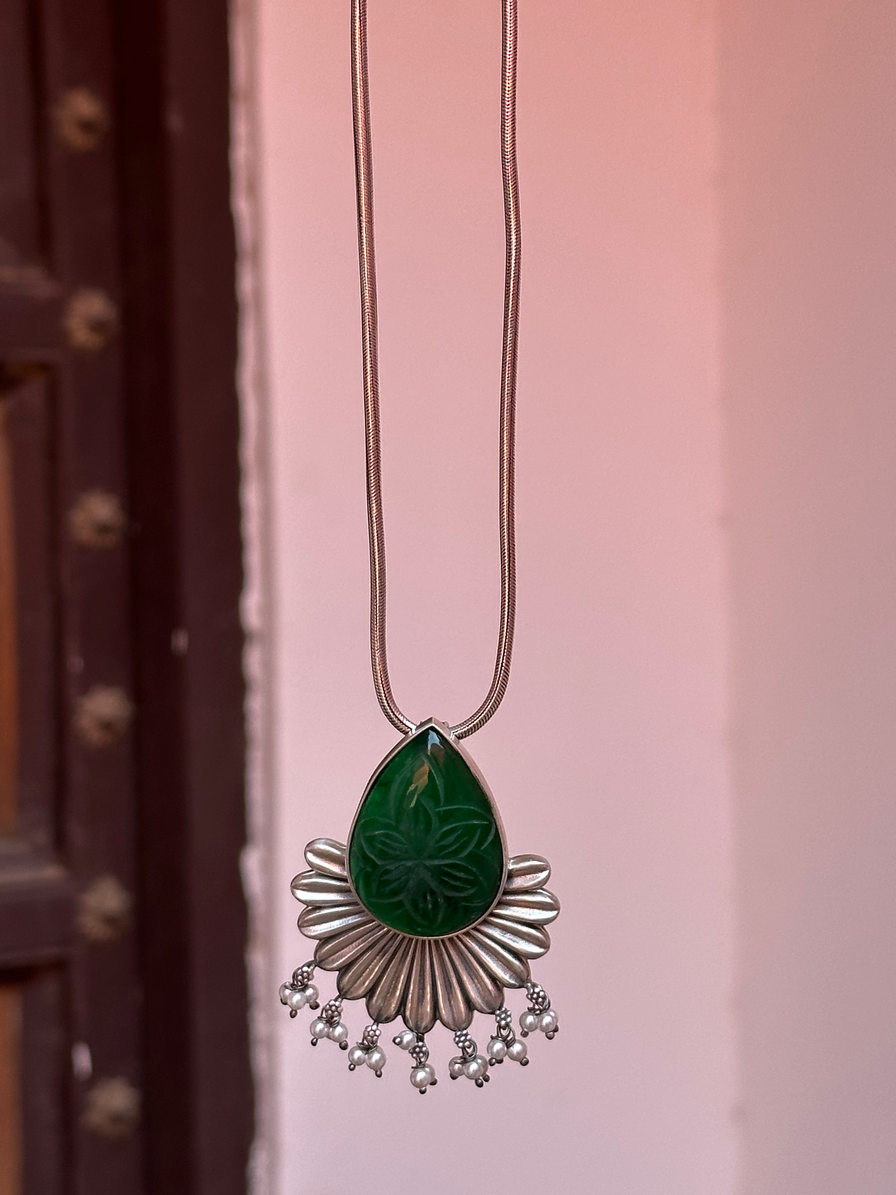 Emerald Stone Floral Silver Oxidised Pendant