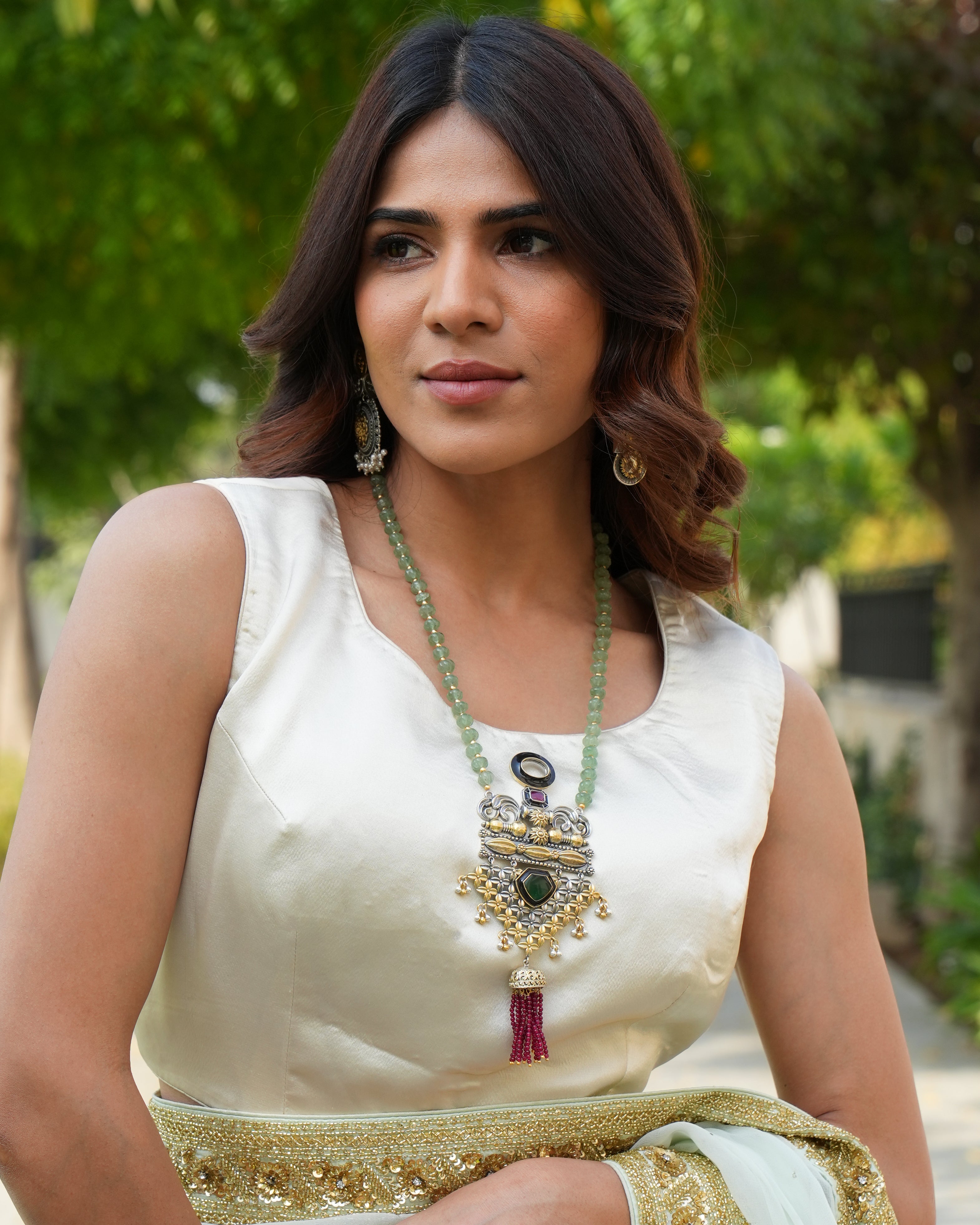 Handcrafted Antique Silver Pendant with Danglers and Poai Embellishments