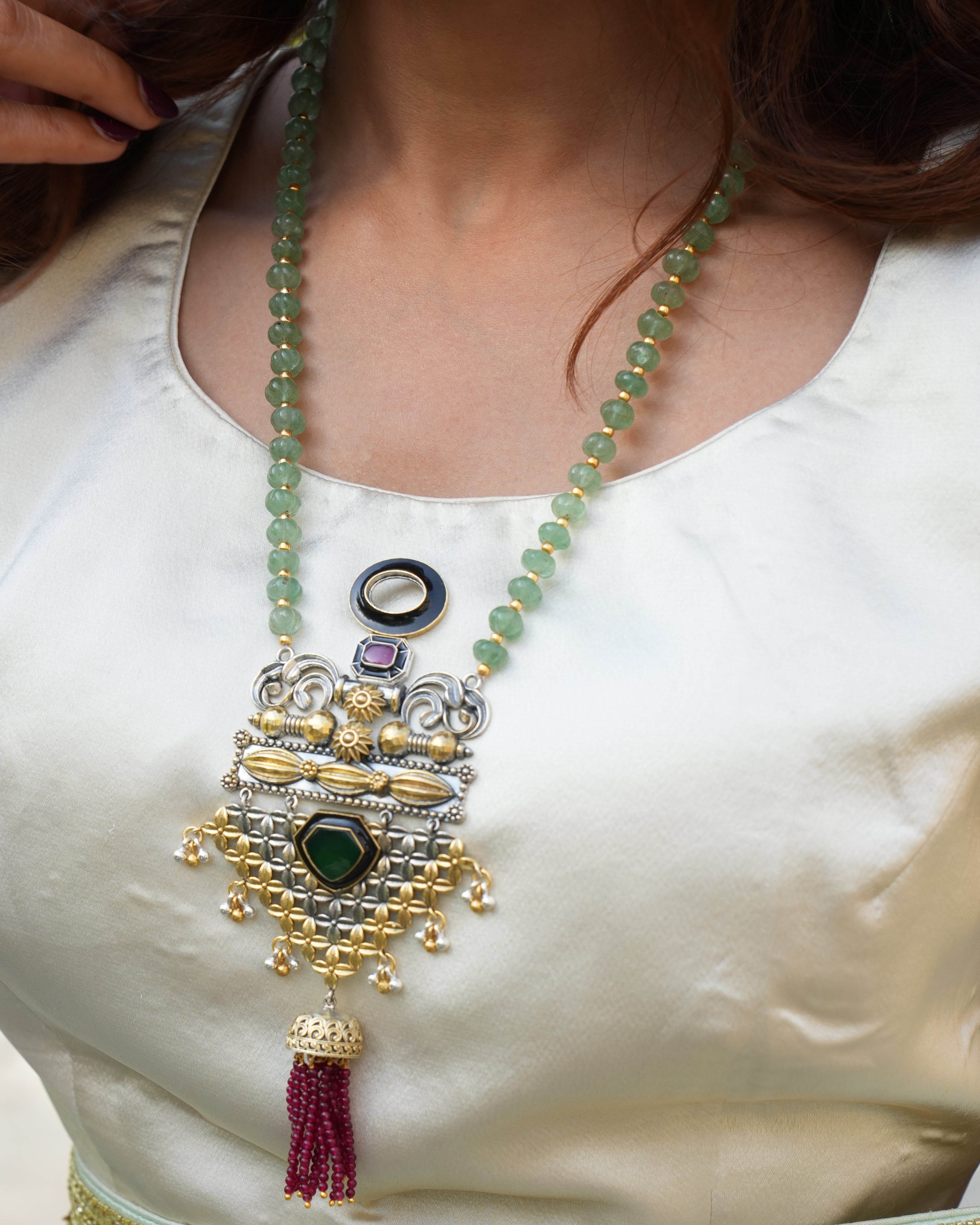 Handcrafted Antique Silver Pendant with Danglers and Poai Embellishments