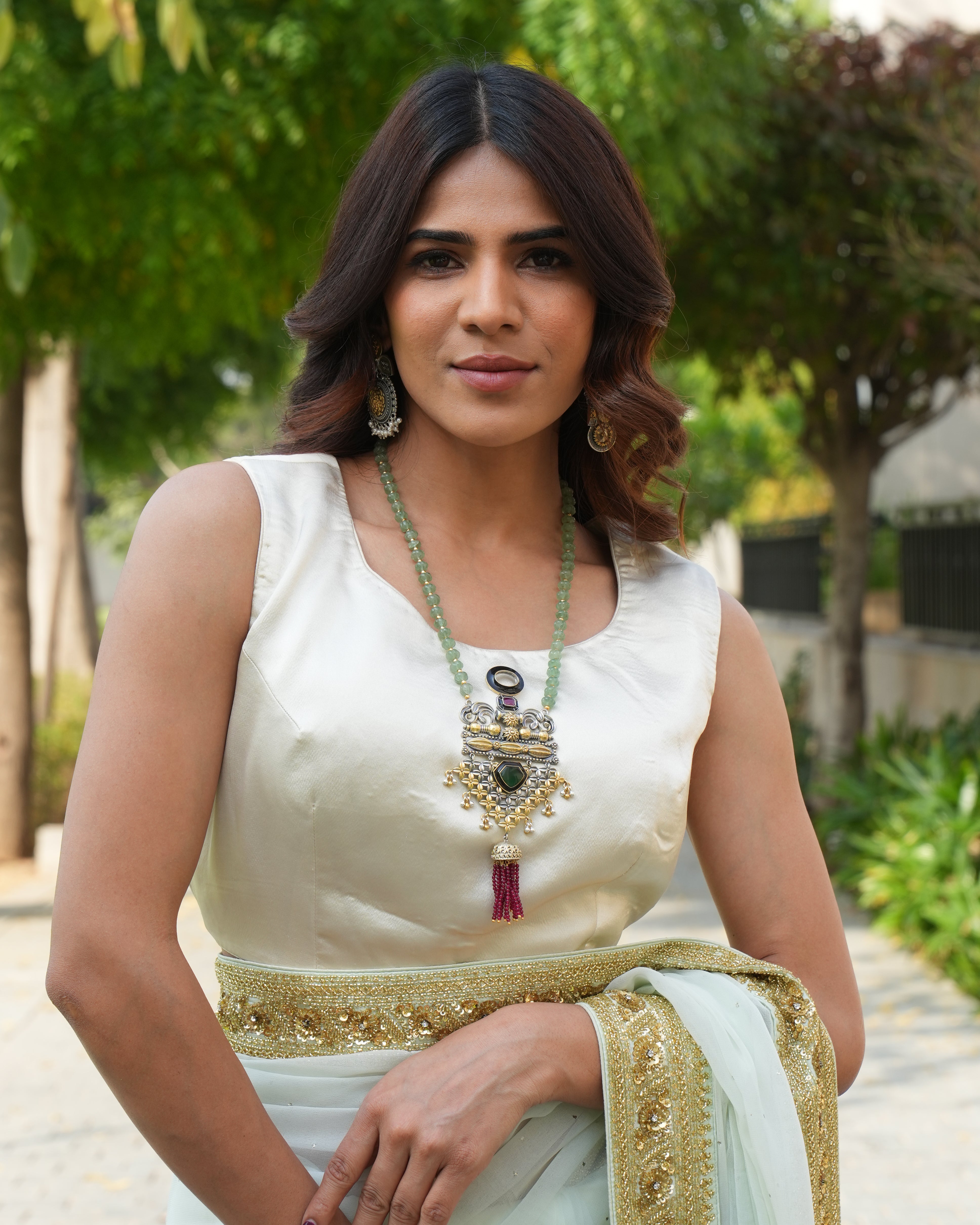 Handcrafted Antique Silver Pendant with Danglers and Poai Embellishments