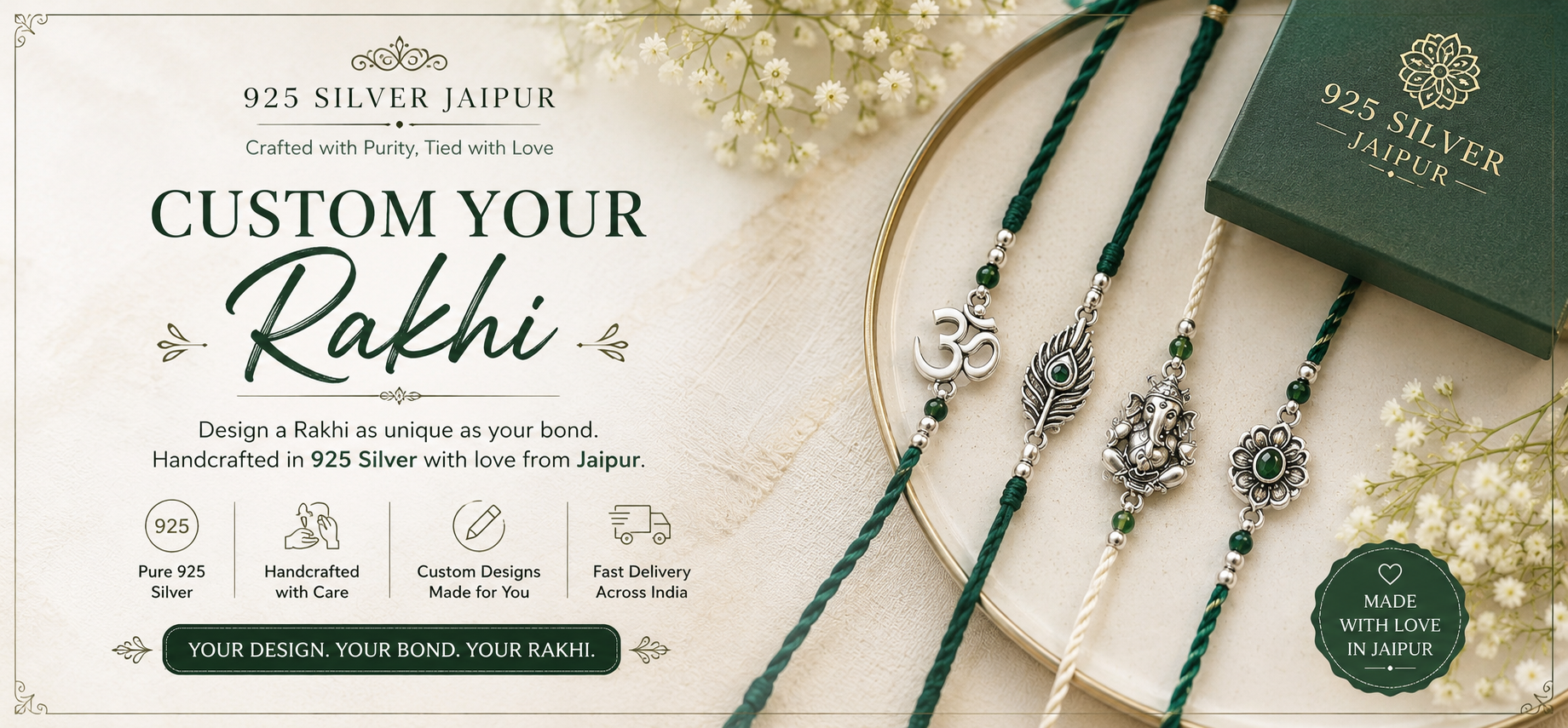Promotional banner for a custom 925 silver Rakhi, showing several handmade silver bangles with green and white thread cords, a gold hoop, white baby's breath flowers, and a dark green box labeled '925 Silver Jaipur'.