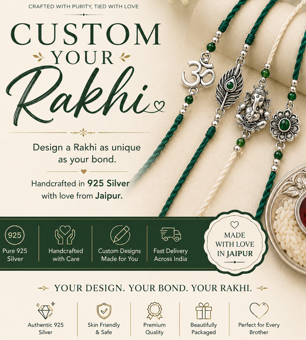 Promotional graphic for a custom 925 silver Rakhi bracelet. The design features dark green beaded strands with silver-toned metal elements including a peacock feather charm, Om symbol, and green stone.