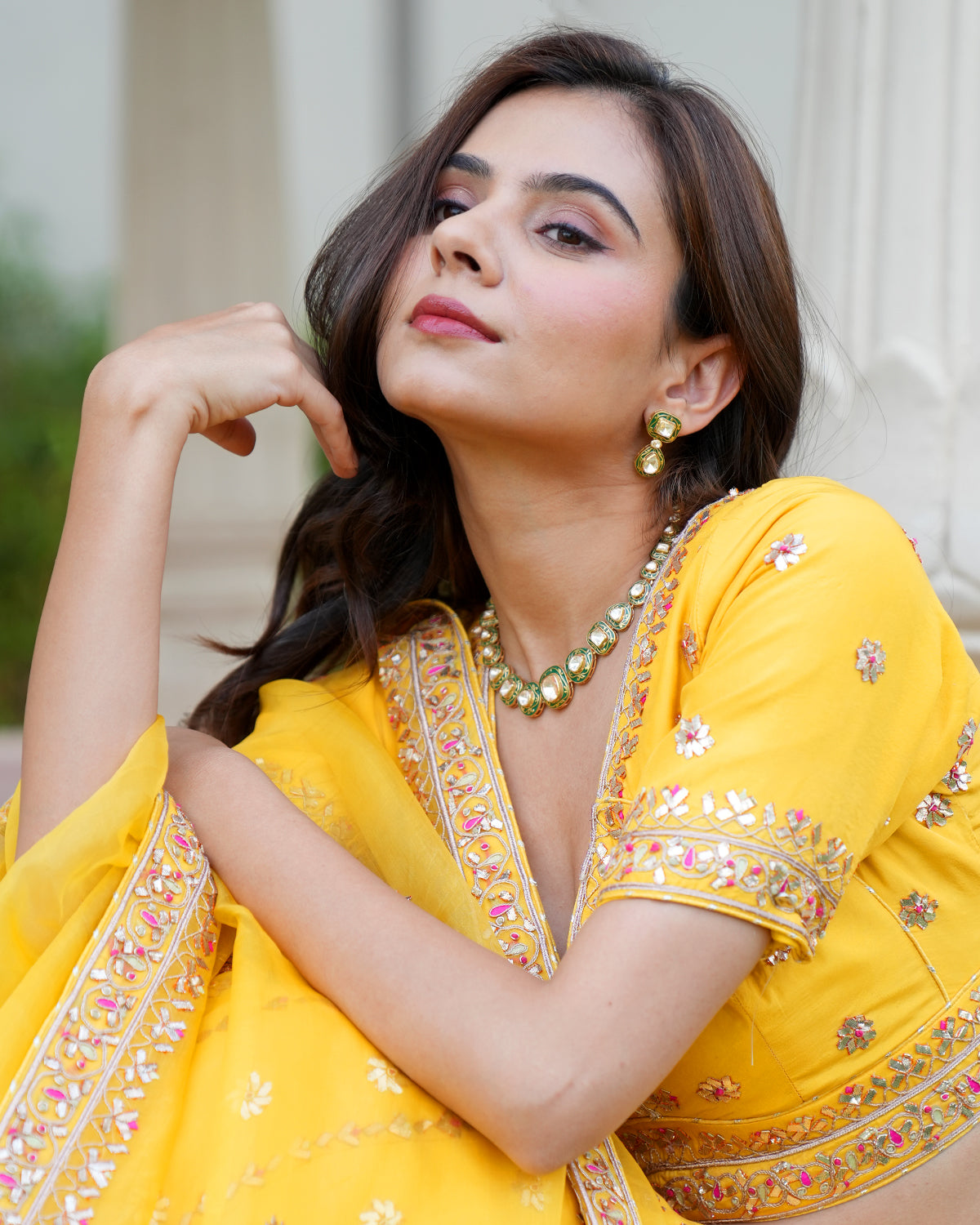 Polki Silver Necklace Set with Green Enamel