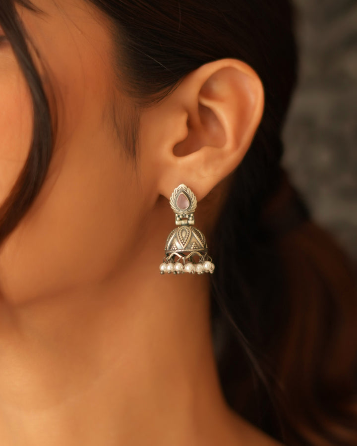 Minimal Oxidised Silver Earrings with Delicate Pearl Poai