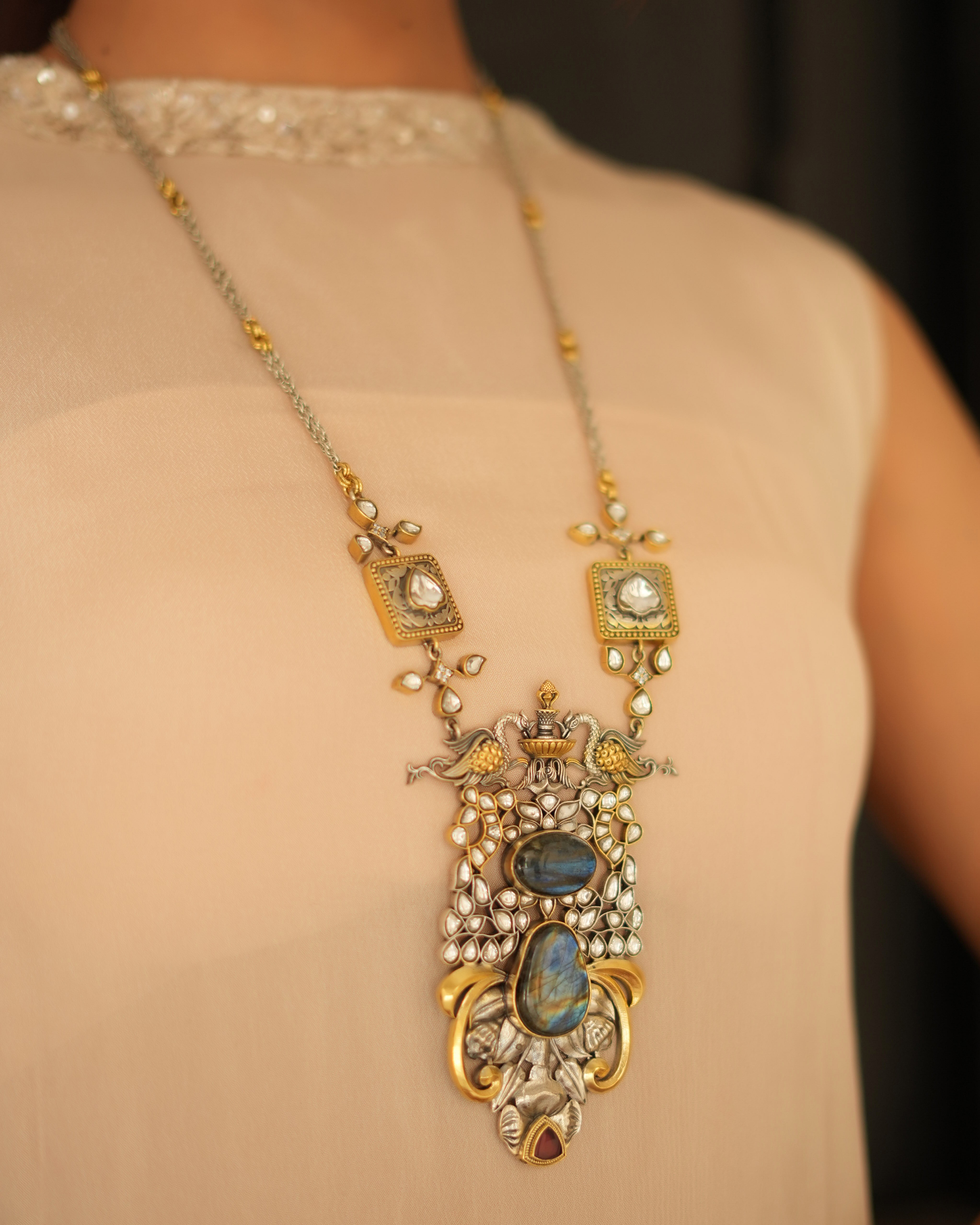 Royal Polki Silver Pendant with Peacock Motifs & Artistic Stone Detailing