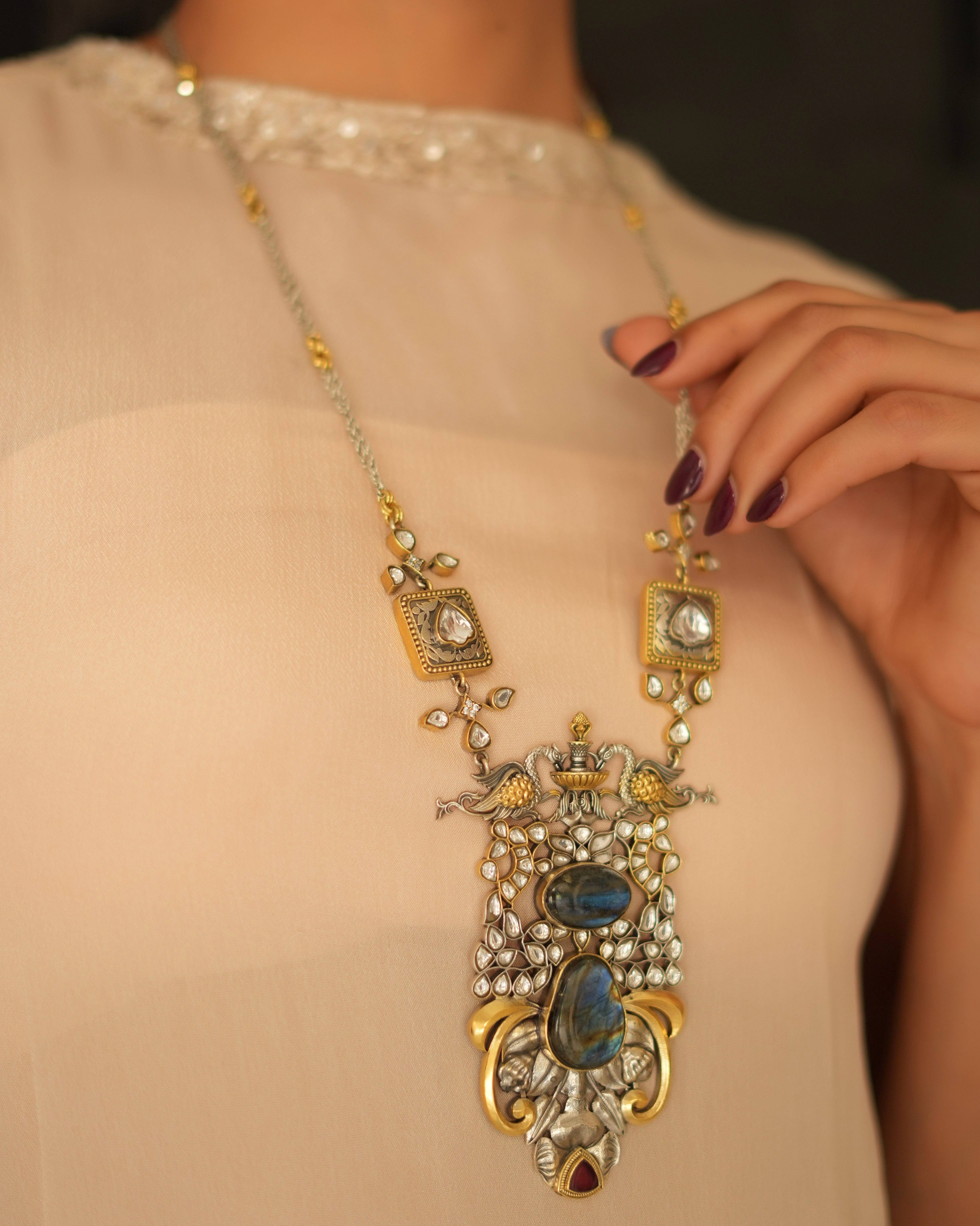Royal Polki Silver Pendant with Peacock Motifs & Artistic Stone Detailing