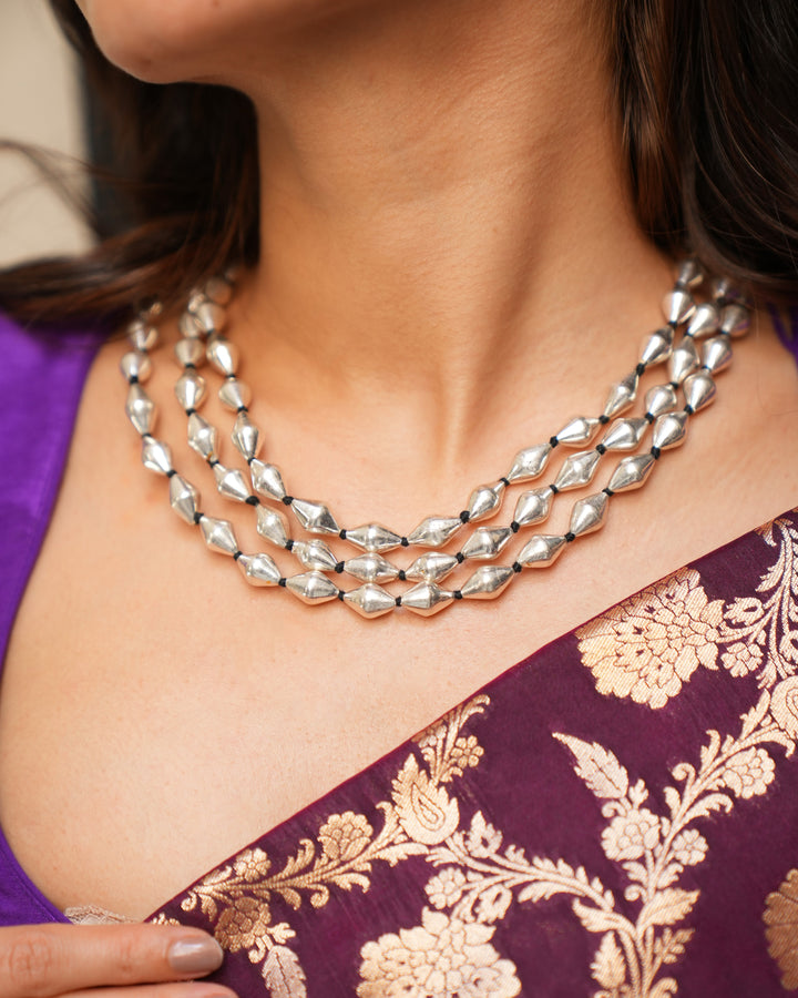Silver Triple Layer Dholki Necklace