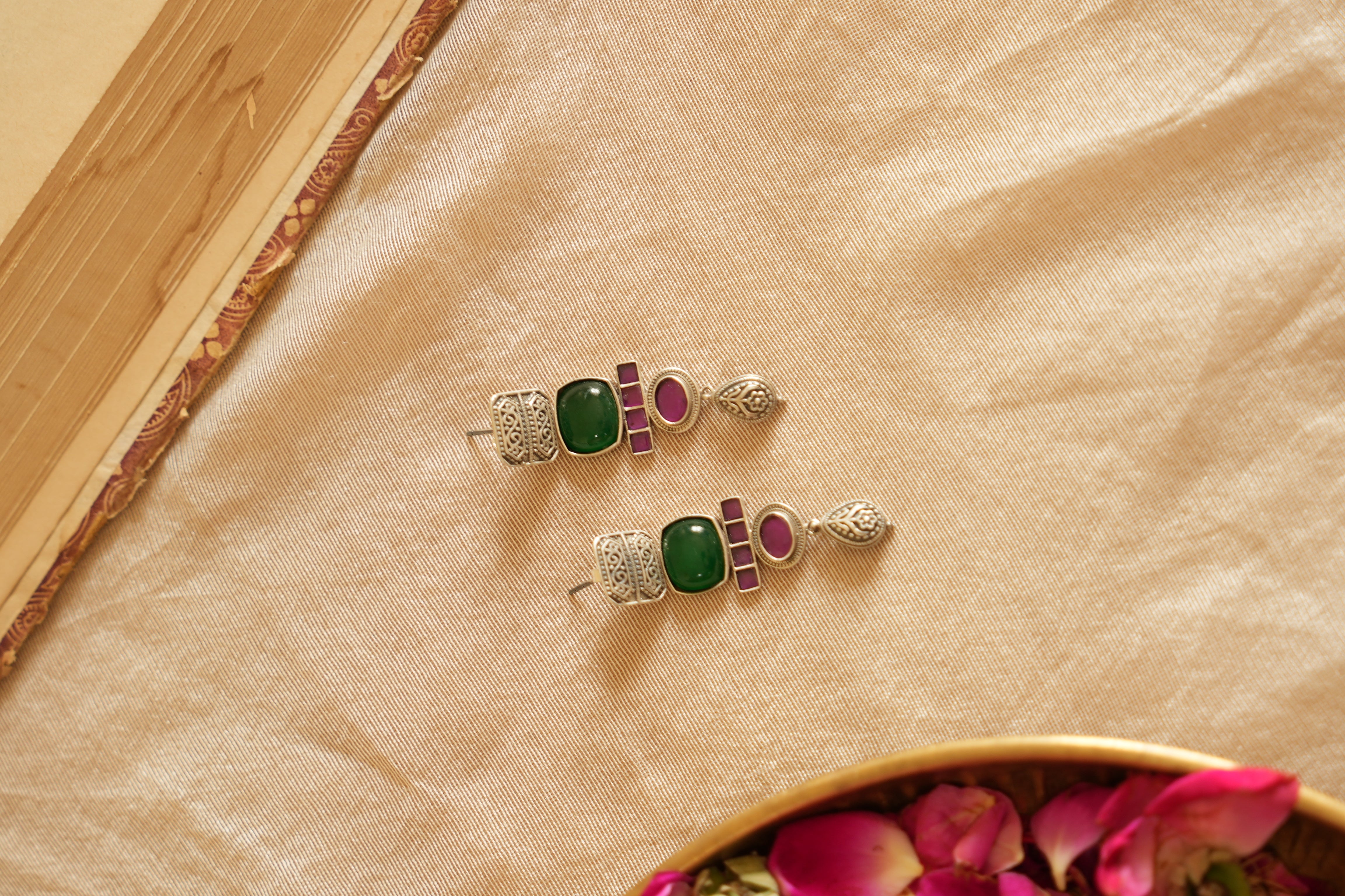 Geometric Gemstone Oxidised Silver Earring