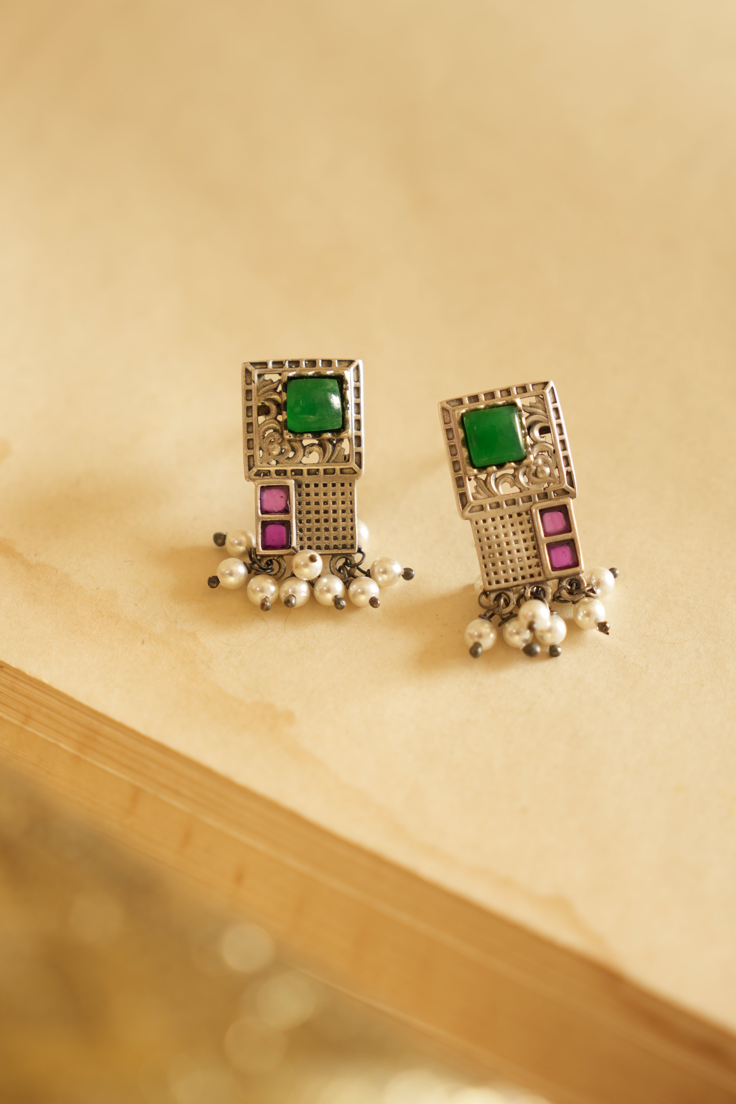 Geometric Charm Oxidised Silver Earrings