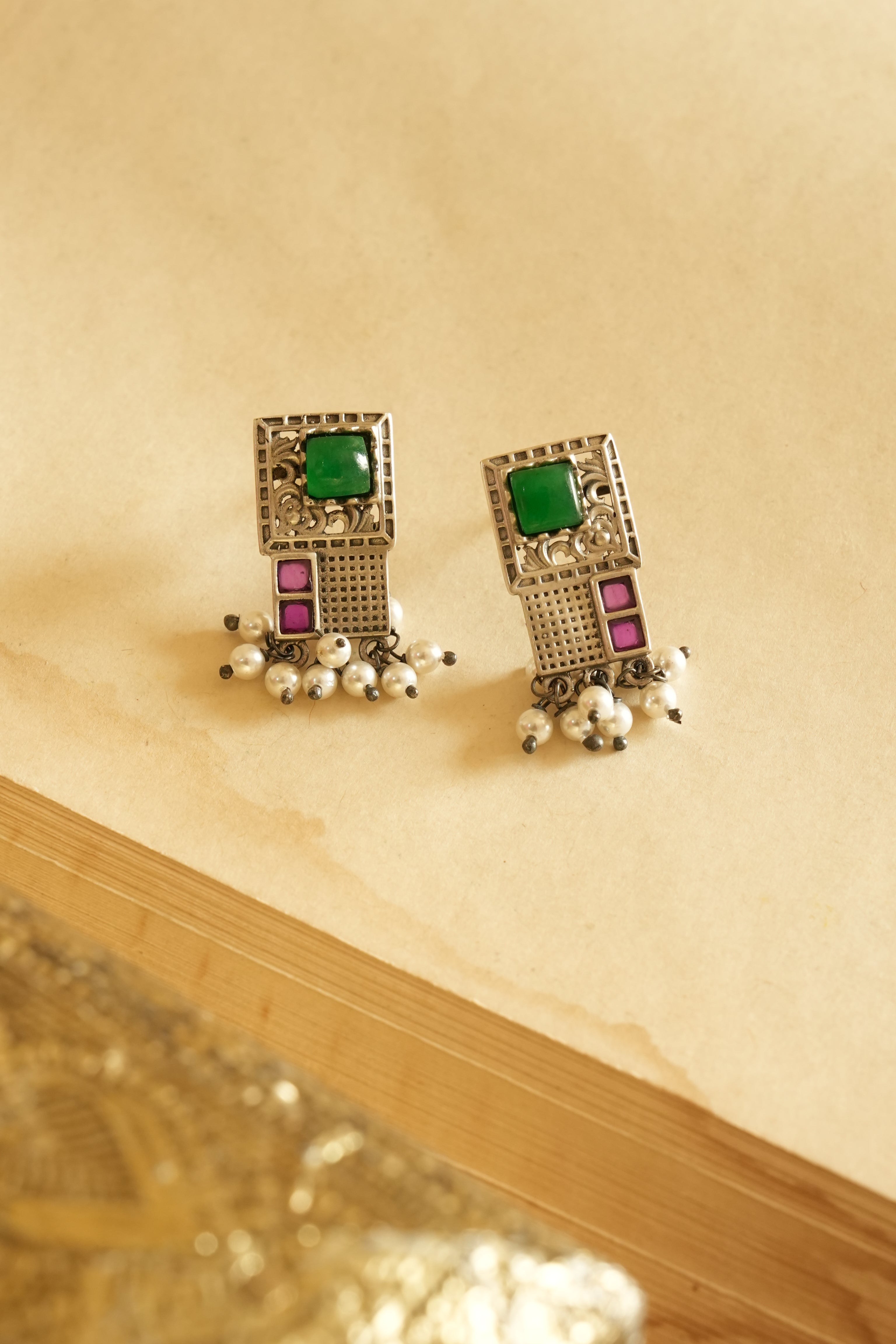 Geometric Charm Oxidised Silver Earrings