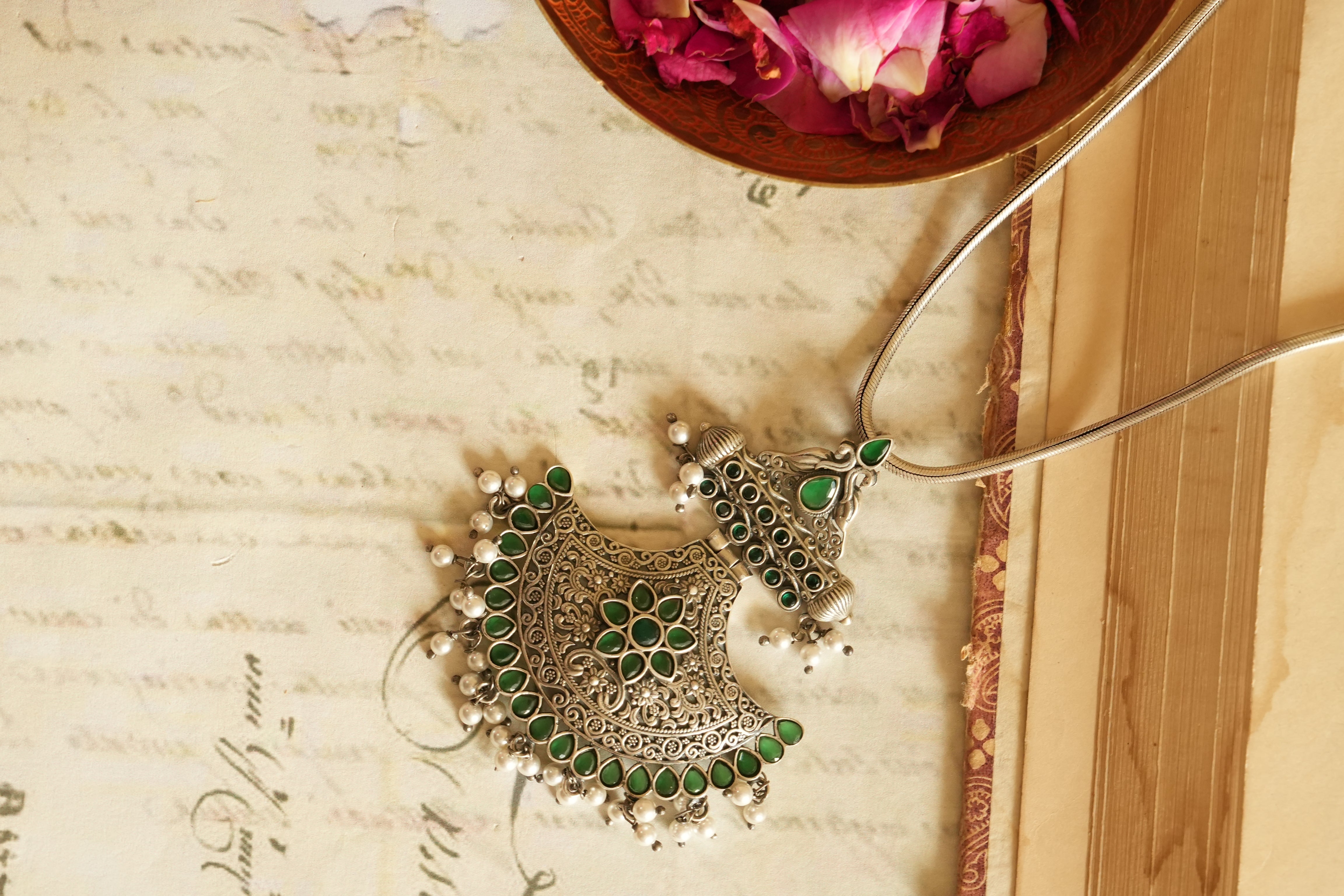 Peacock-Inspired Oxidised Silver Pendant