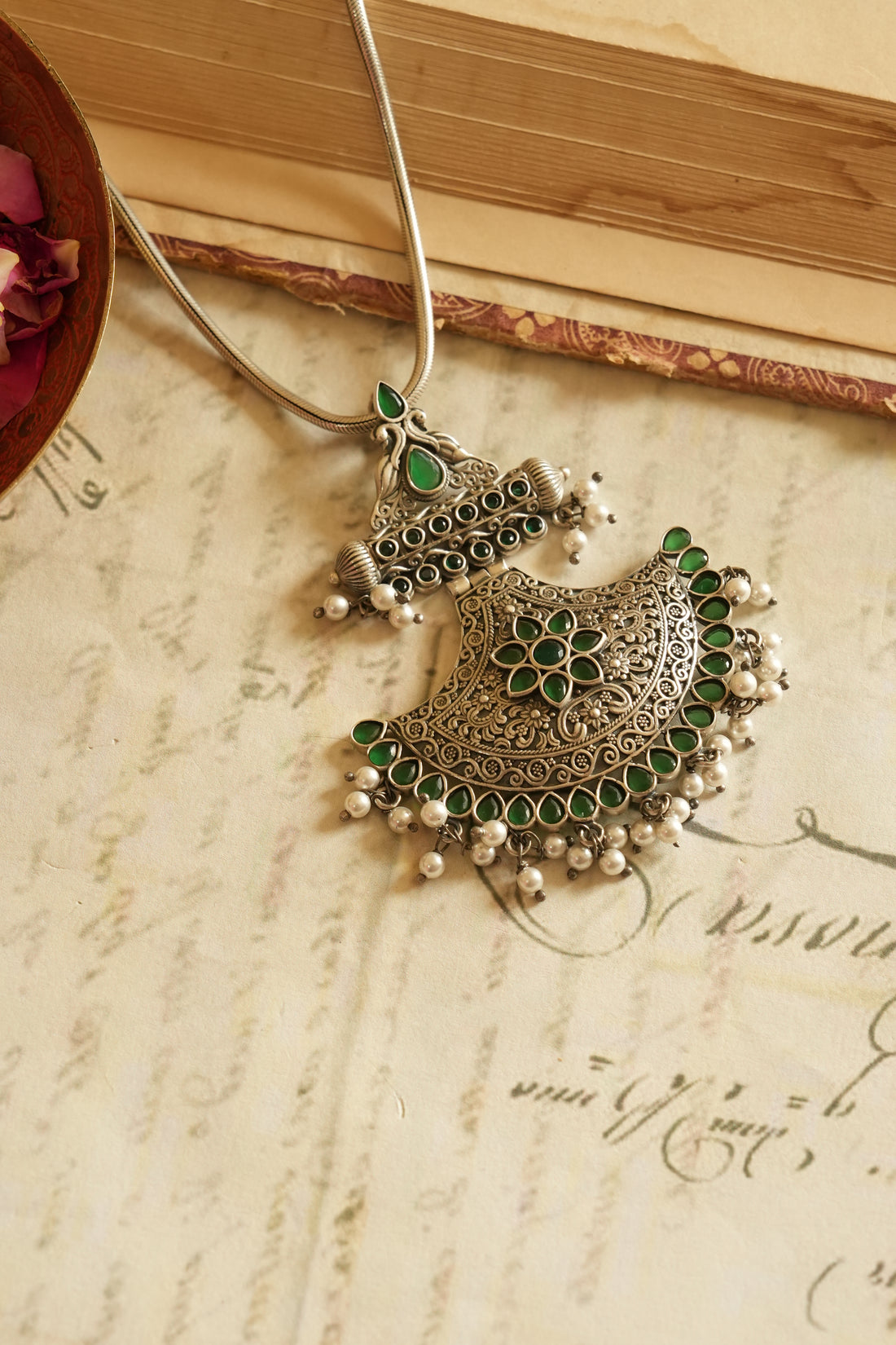 Peacock-Inspired Oxidised Silver Pendant