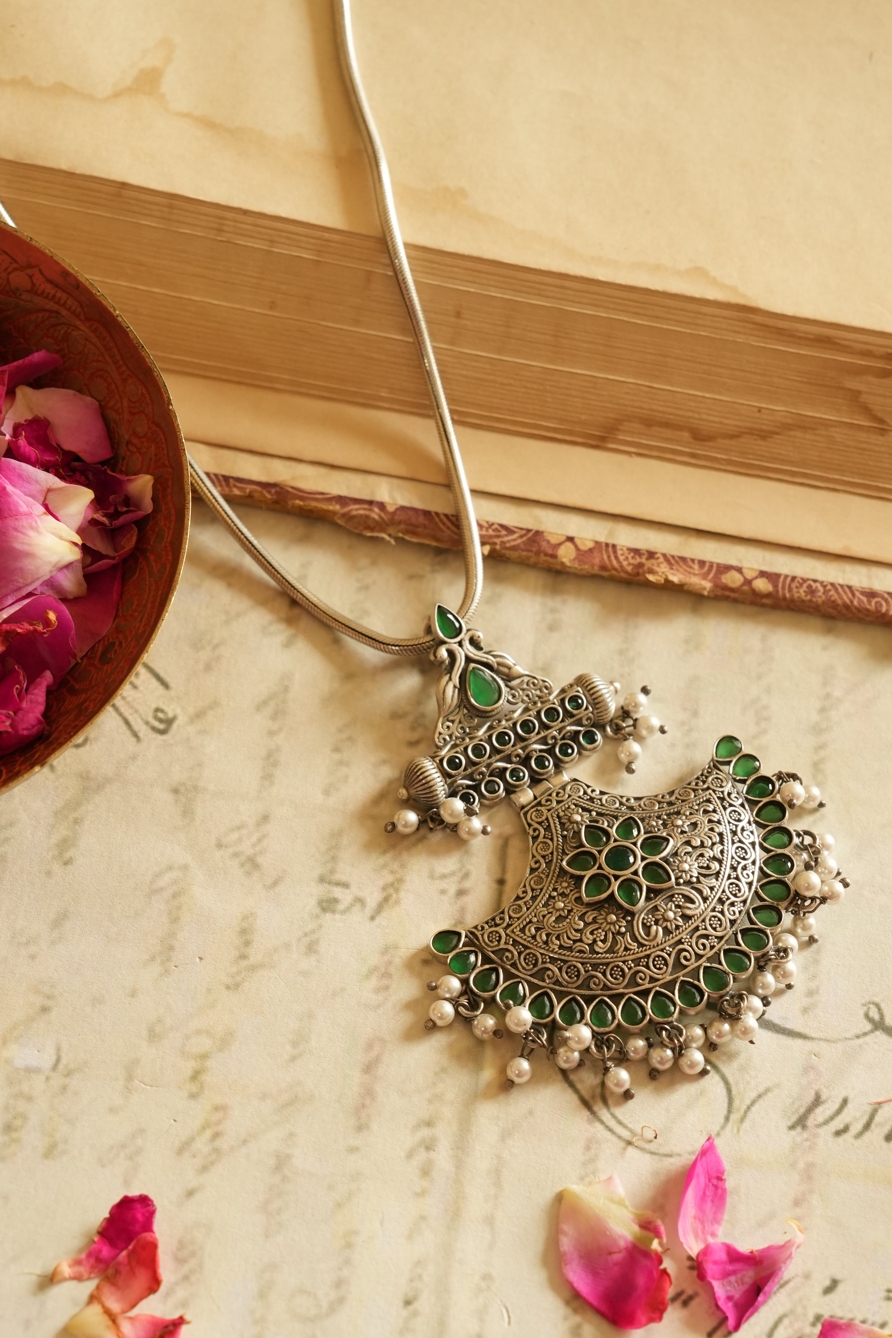 Peacock-Inspired Oxidised Silver Pendant