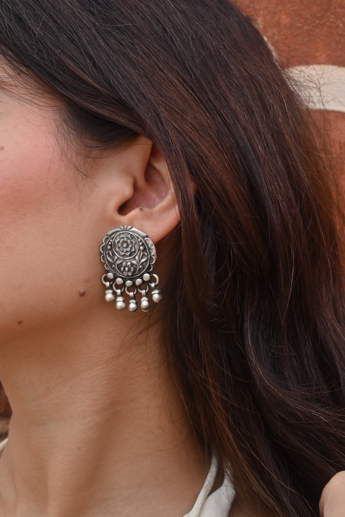 silver floral bells studs 