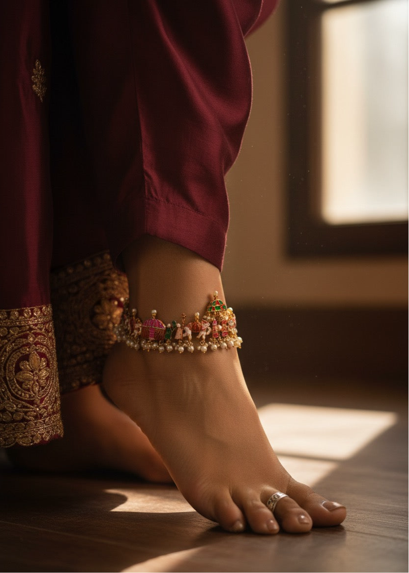 Barat Meenakari Silver Anklet